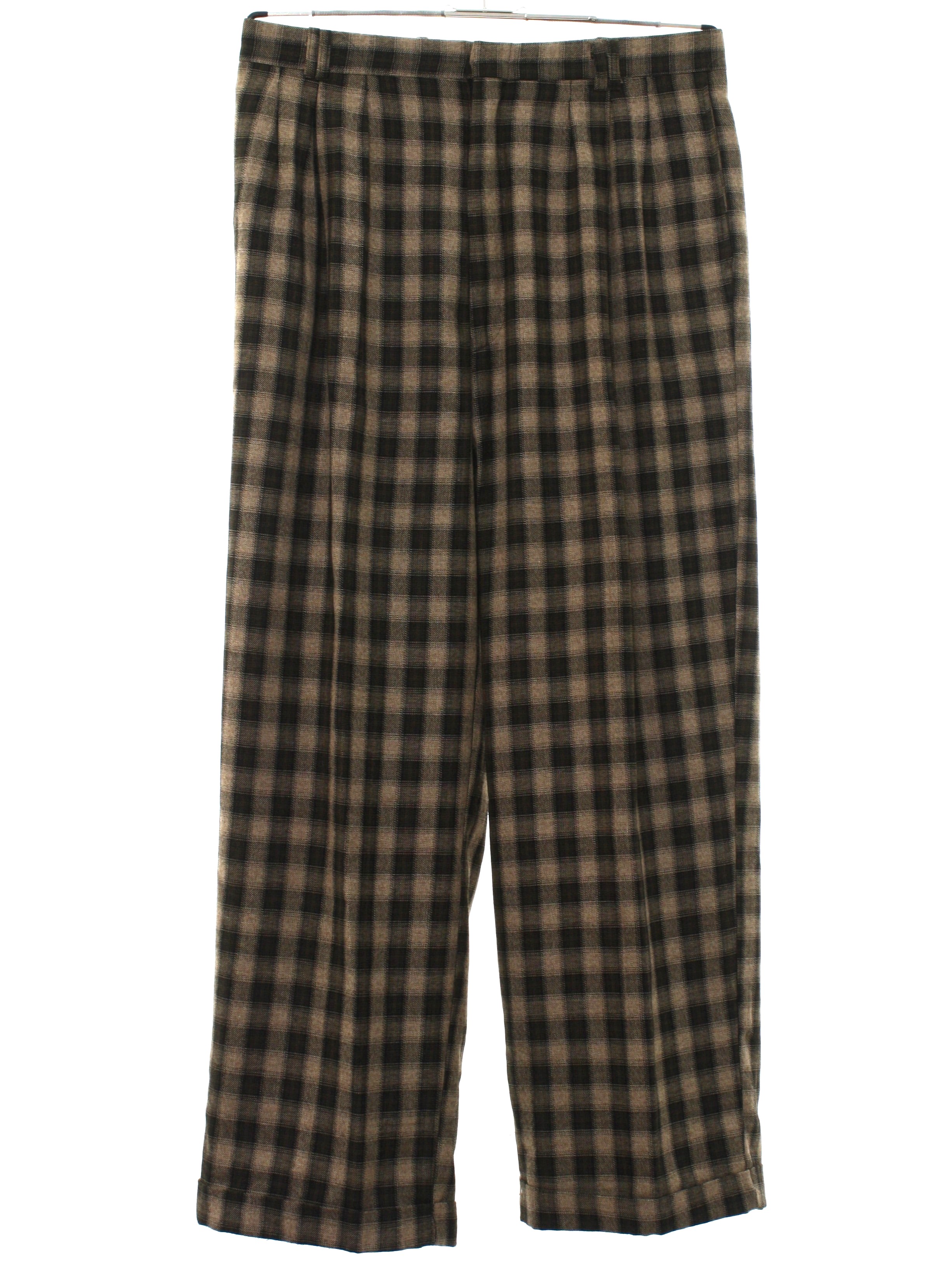 Vintage 1980's Pants: 80s -Metrics- Mens tan and dark brown plaid wool ...