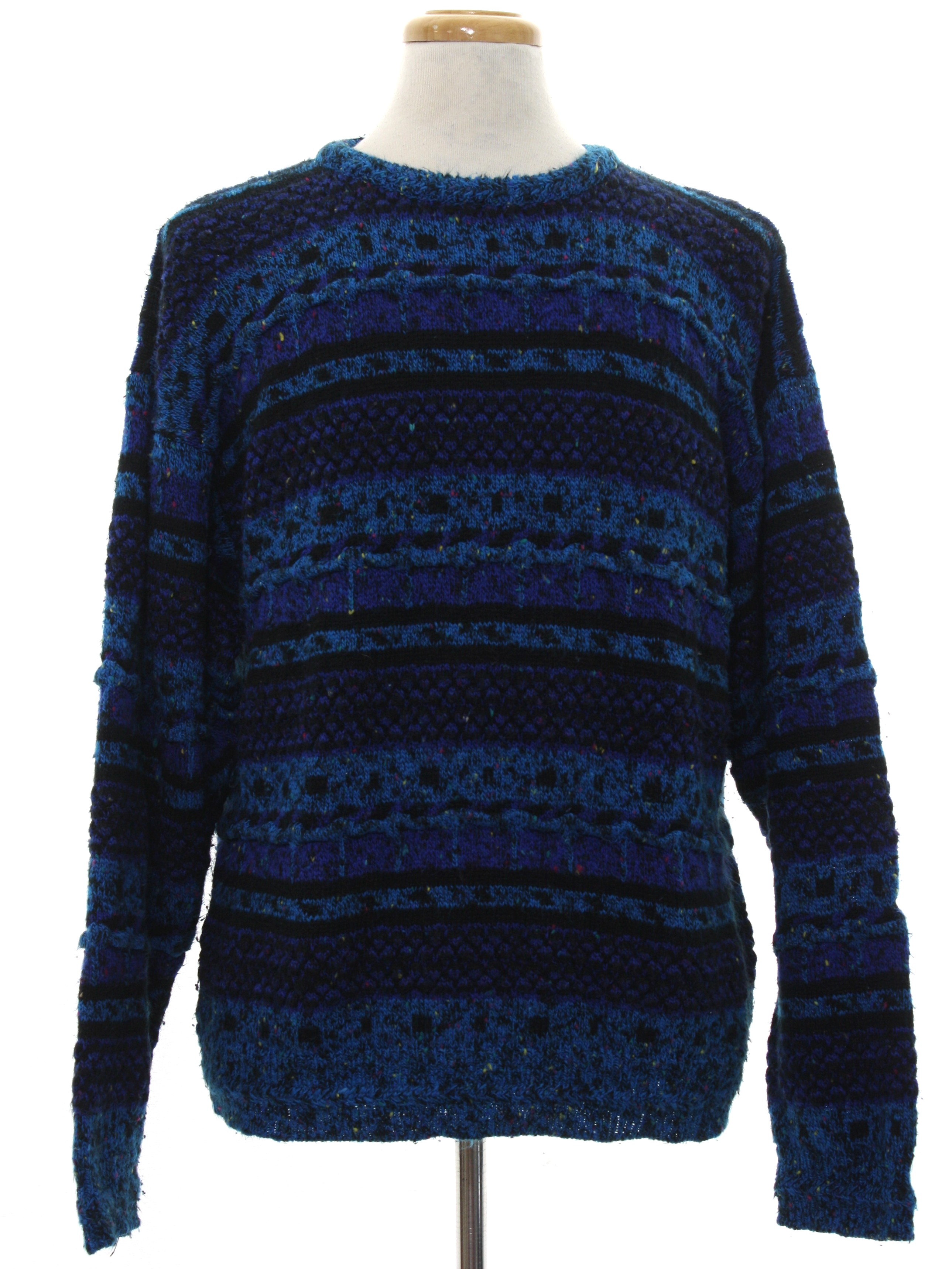 Etchings 1980s Vintage Sweater: 80s -Etchings- Mens black, sky blue, royal blue and heathered ...