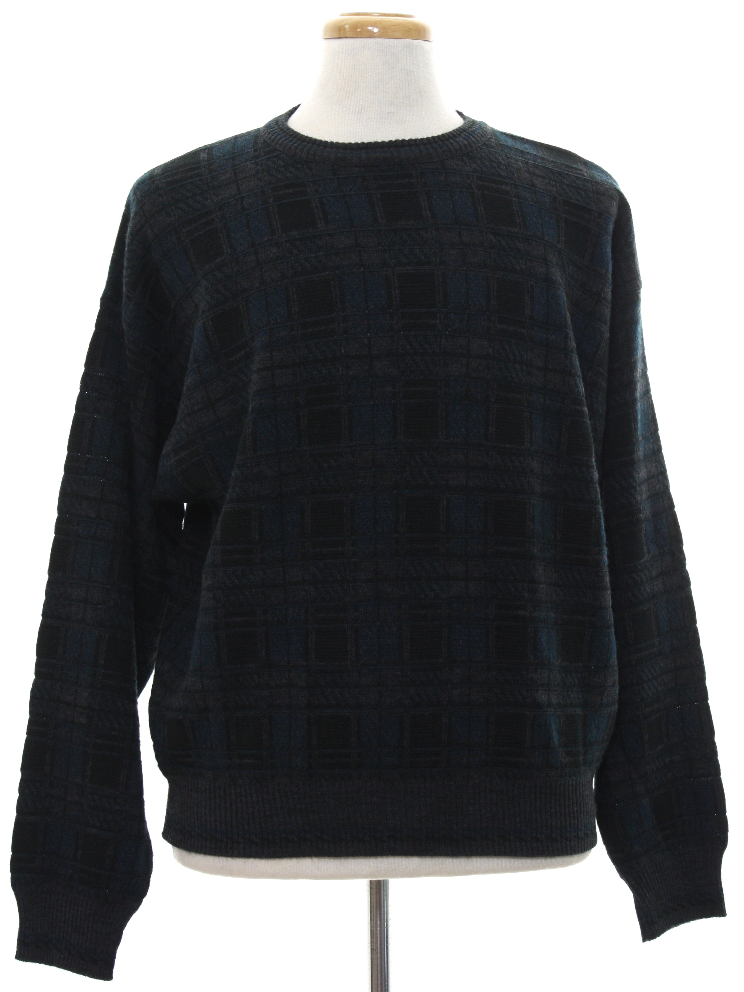 1980's Sweater (Alfani): 80s -Alfani- Mens black, dark teal blue and ...
