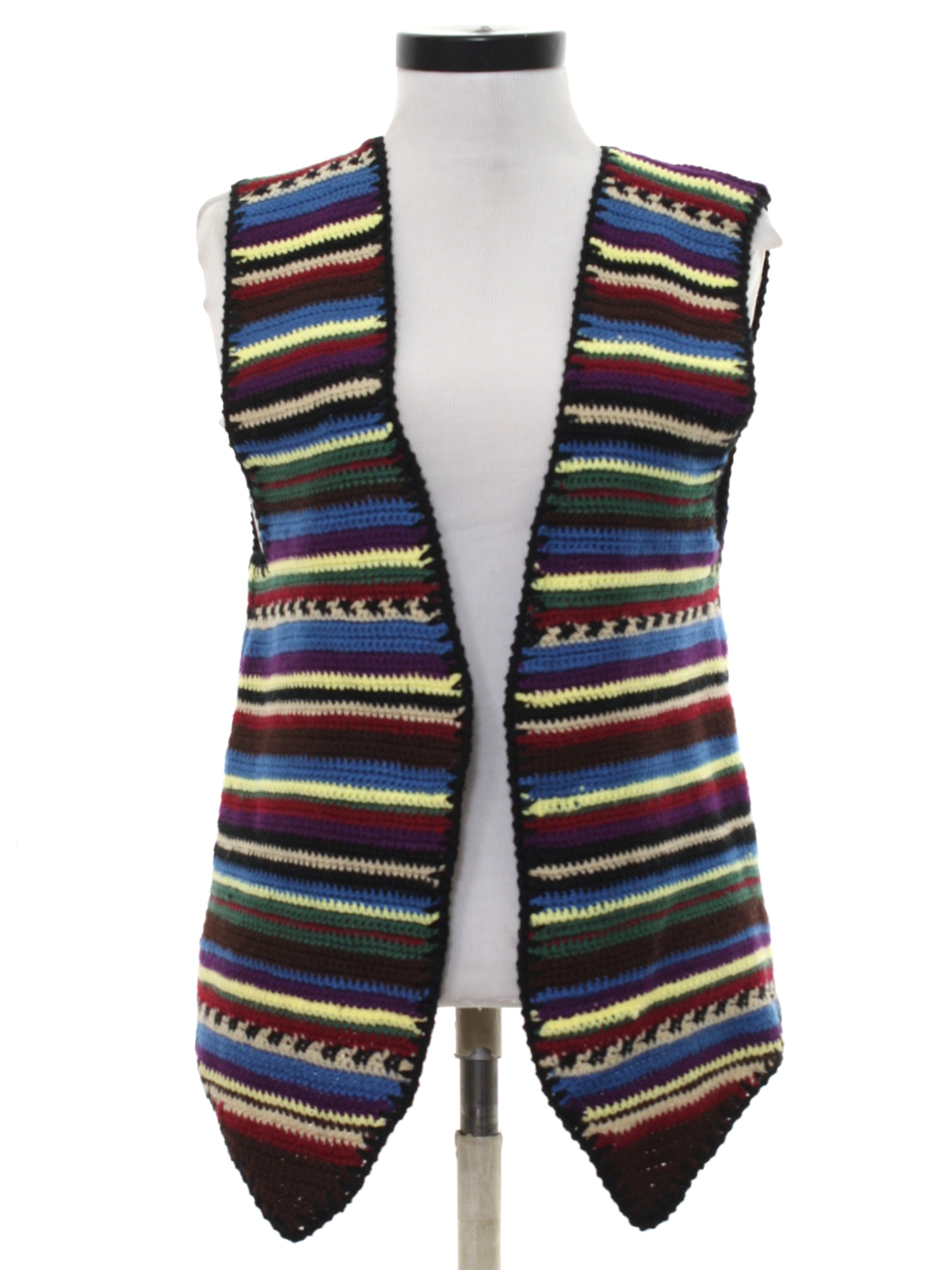 70s Retro Vest: 70s -Hand Crocheted- Unisex black background with light ...