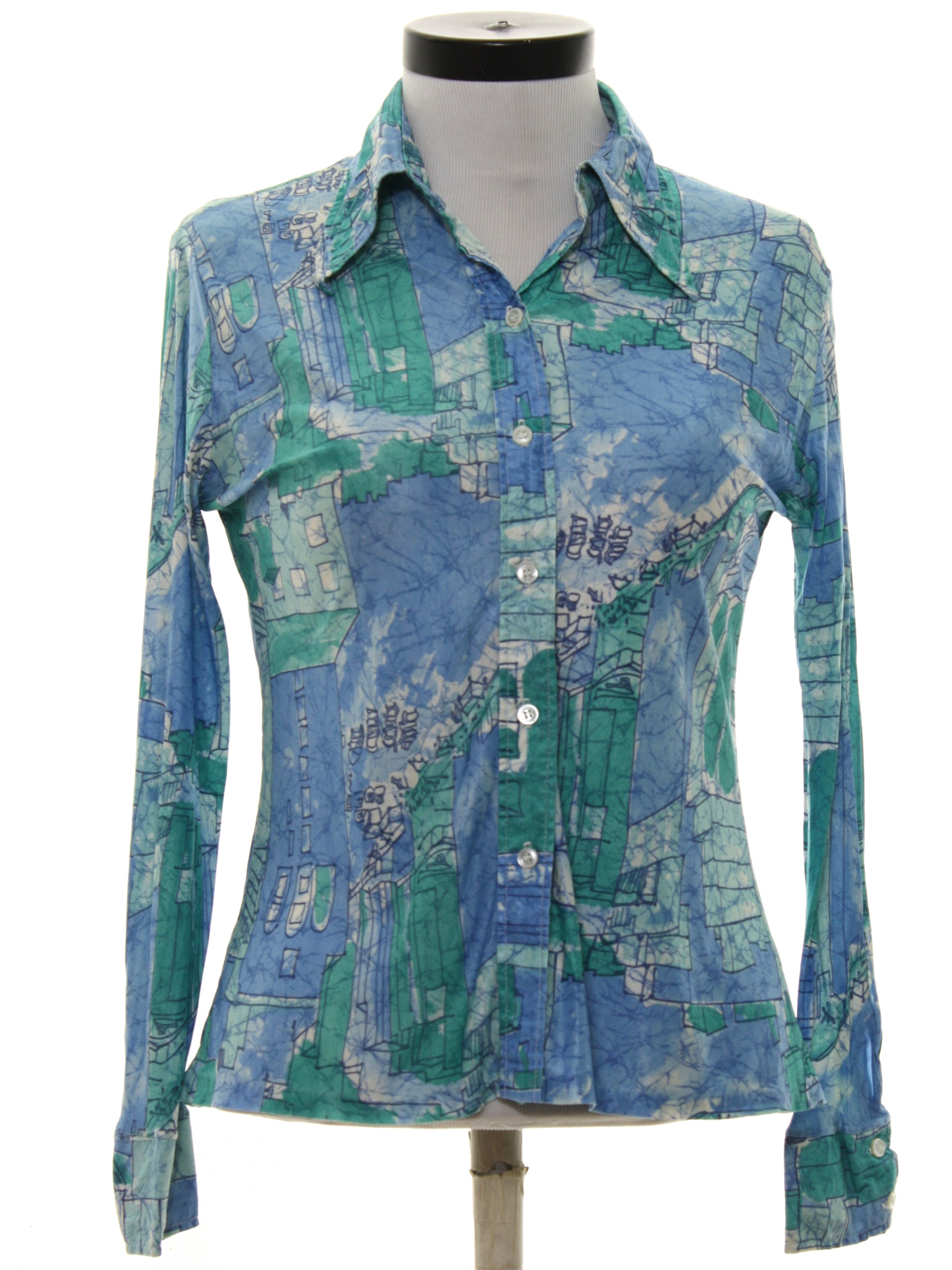 Made in USA Seventies Vintage Print Disco Shirt: 70s -Made in USA