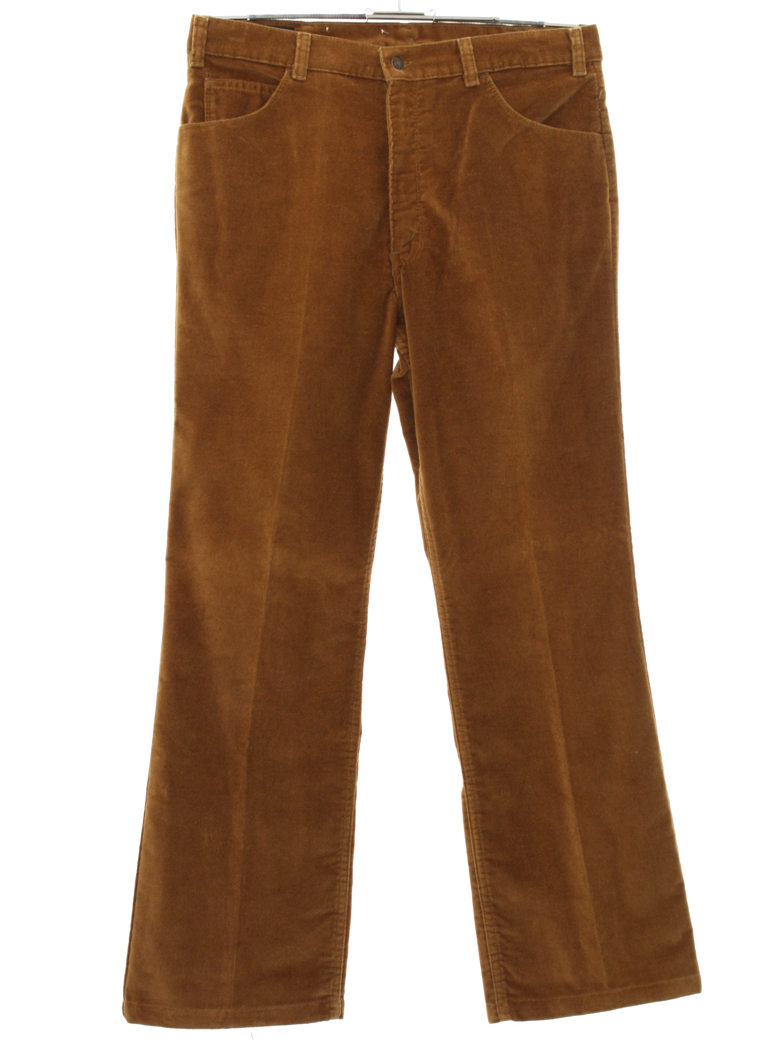 70's Levis Movin On Flared Pants / Flares: 70s -Levis Movin On- Mens golden  brown brushed cotton corduroy jeans cut pants with flat front, zipper fly,  flared legs, plain cuffless hems, inset