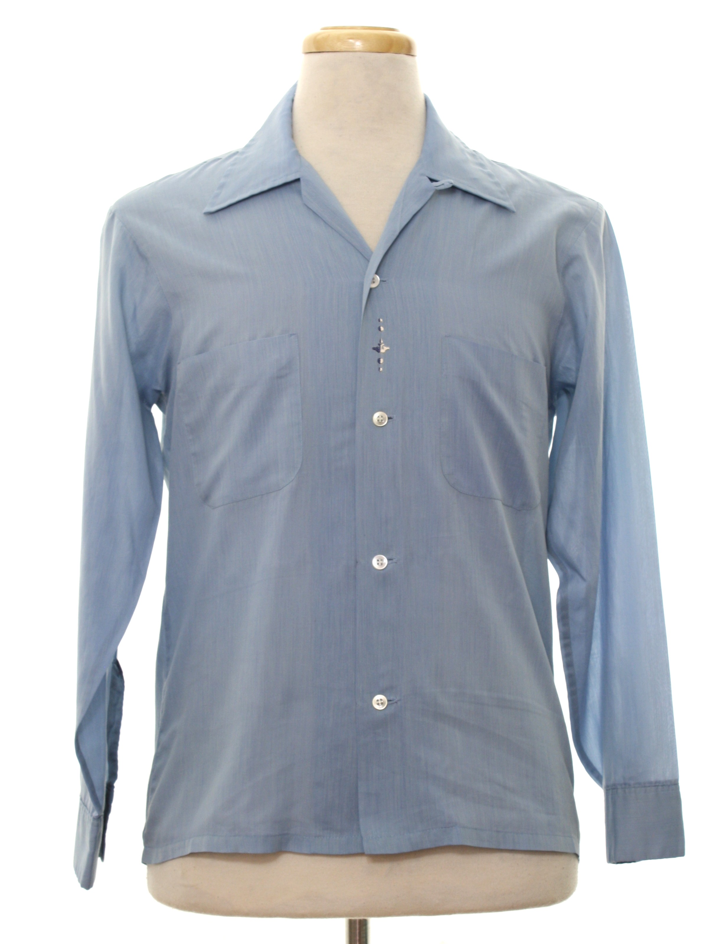 60s Shirt: 60s -No Label- Mens pale blue shiny polyester cotton mod ...