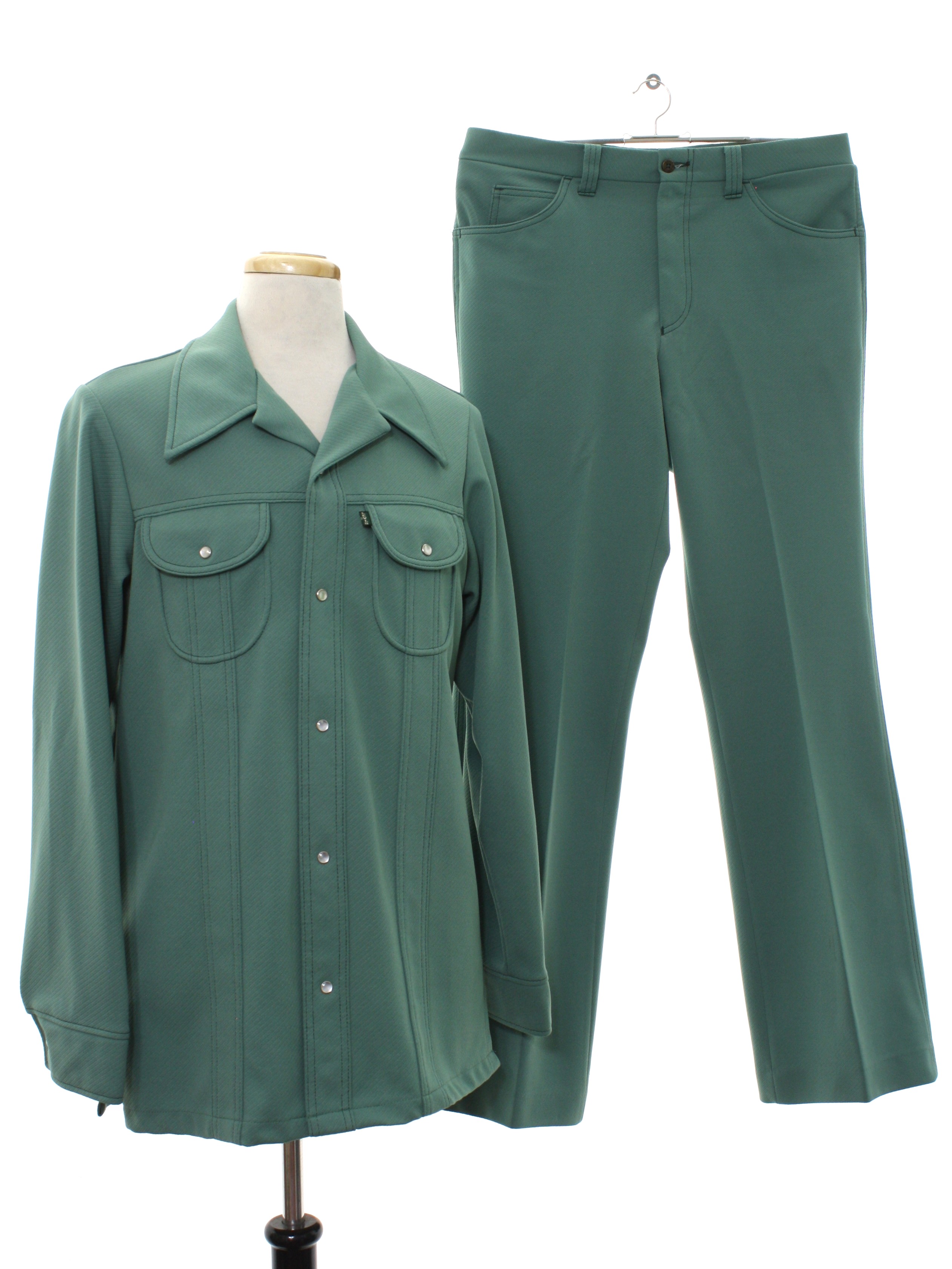 Levi Panatela Seventies Vintage Leisure Suit: 70s -Levi Panatela- Mens sage  green, polyester, twill knit, blazer, having dark green topstitching on the  button band, and on other points of design interest. White