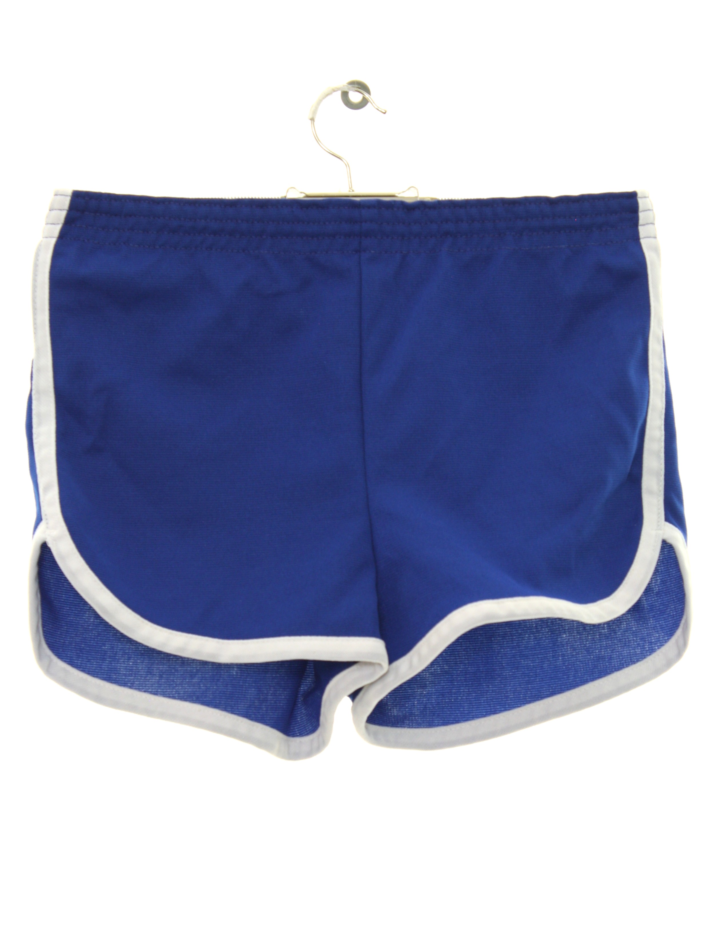 1980's Shorts (Kmart): 80s -Kmart- Unisex royal blue background polyester  totally 80s sport shorts with elastic waistband, no lining, no pockets and  white trim along the side seams and leg openings.