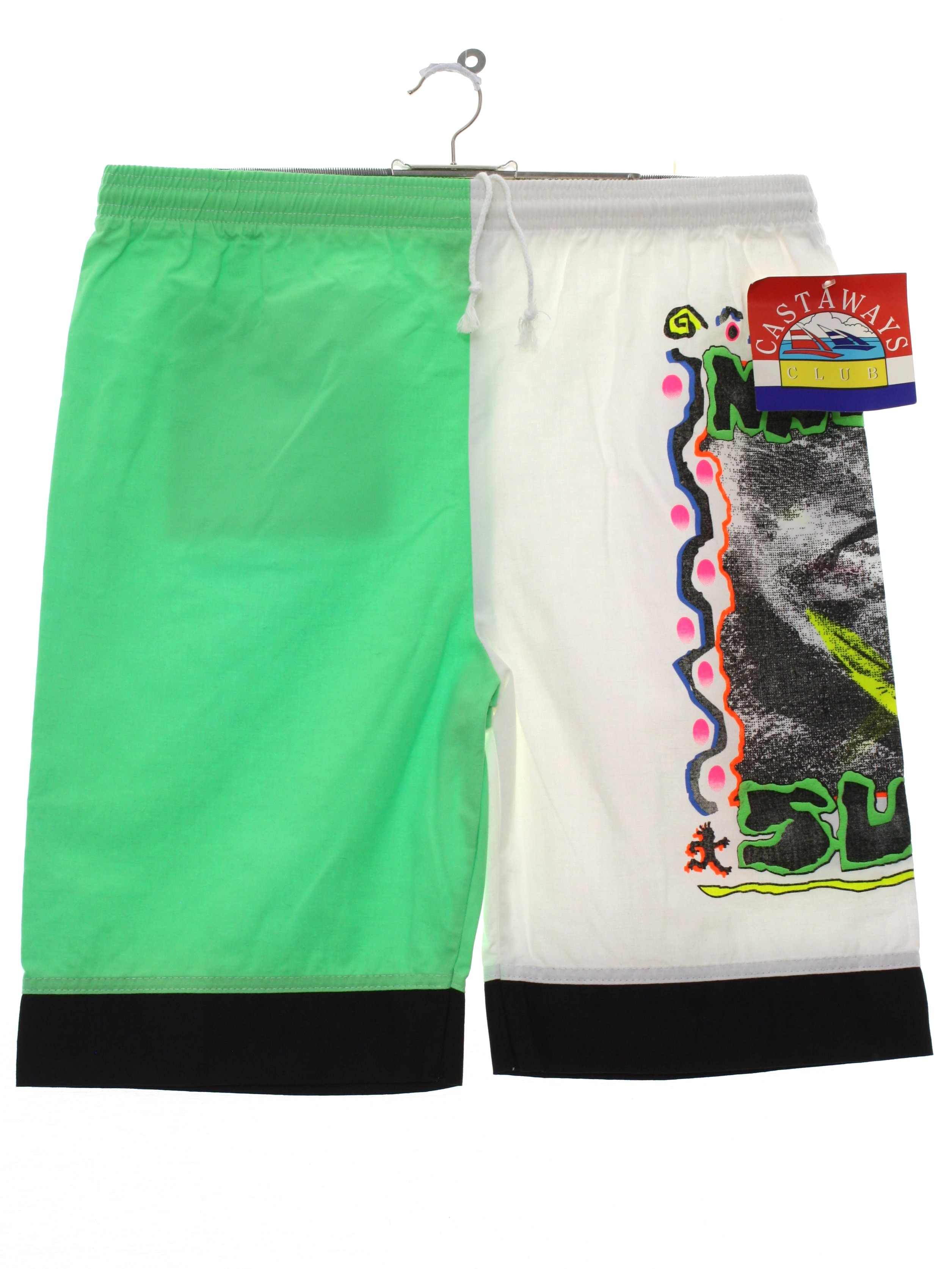 Retro 80's Shorts: 80s -Castaways Club- Mens neon mint green background ...