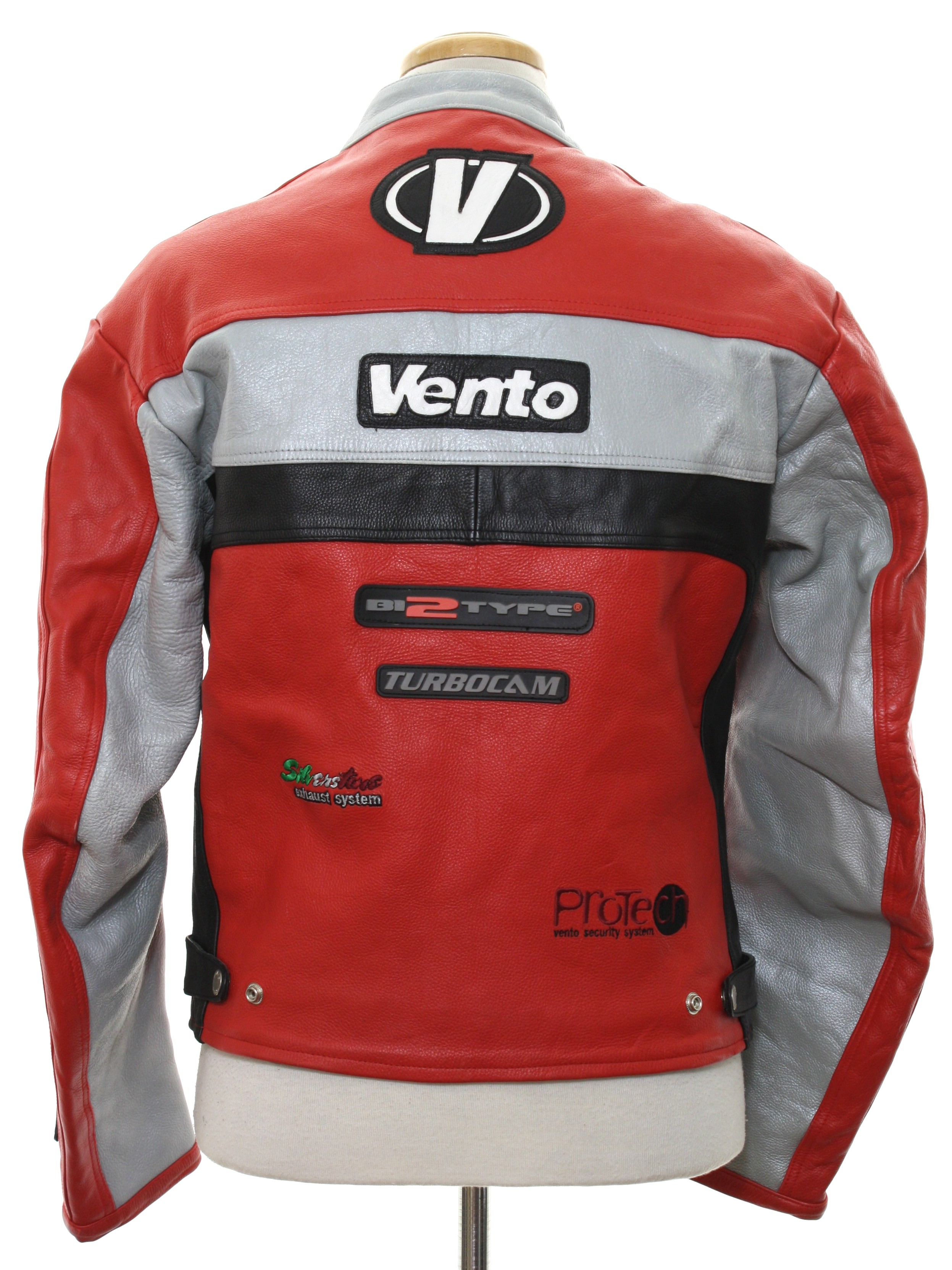 Leather Jacket: 90s -Vento- Mens red, grey and black