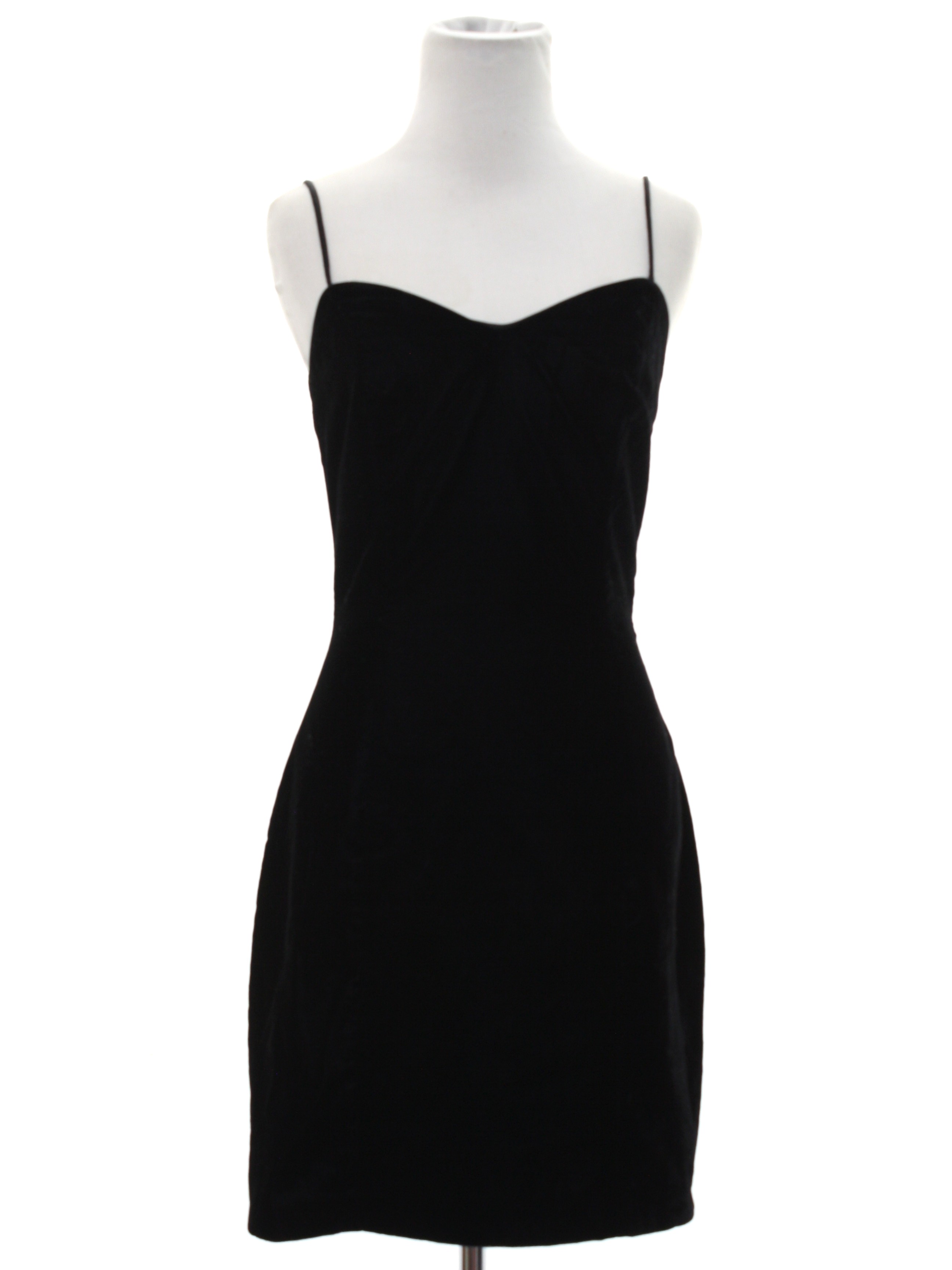 Vintage LA Glo Eighties Cocktail Dress: 80s -LA Glo- Womens black  background polyester velvet spaghetti strap sleeveless Totally 80s mini  wiggle prom dress. Veed neckline, fitted waistline and zippered back  closure.