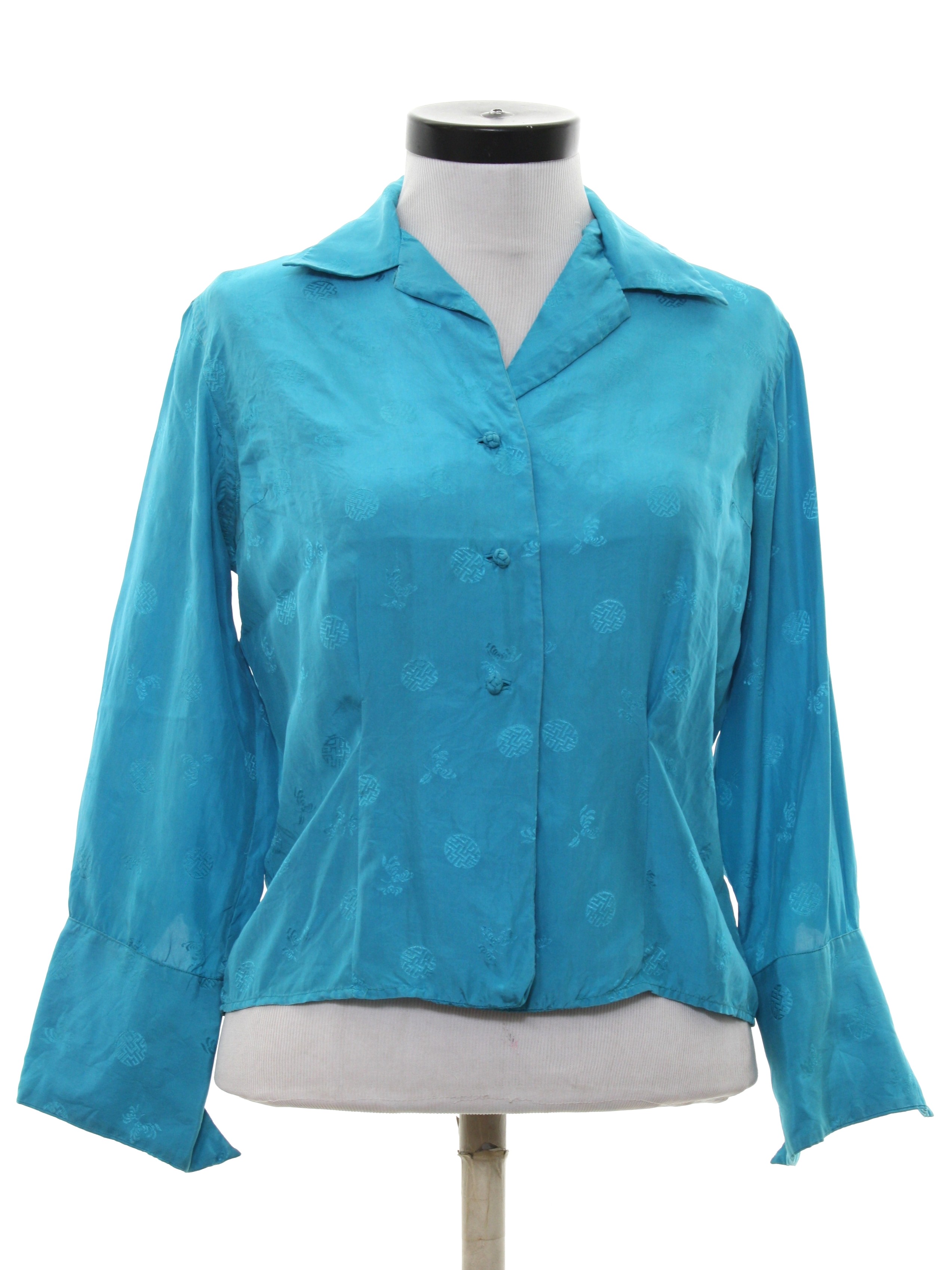 80's Lipmans Shirt: 80s -Lipmans- Womens turquoise, silk, longsleeve ...