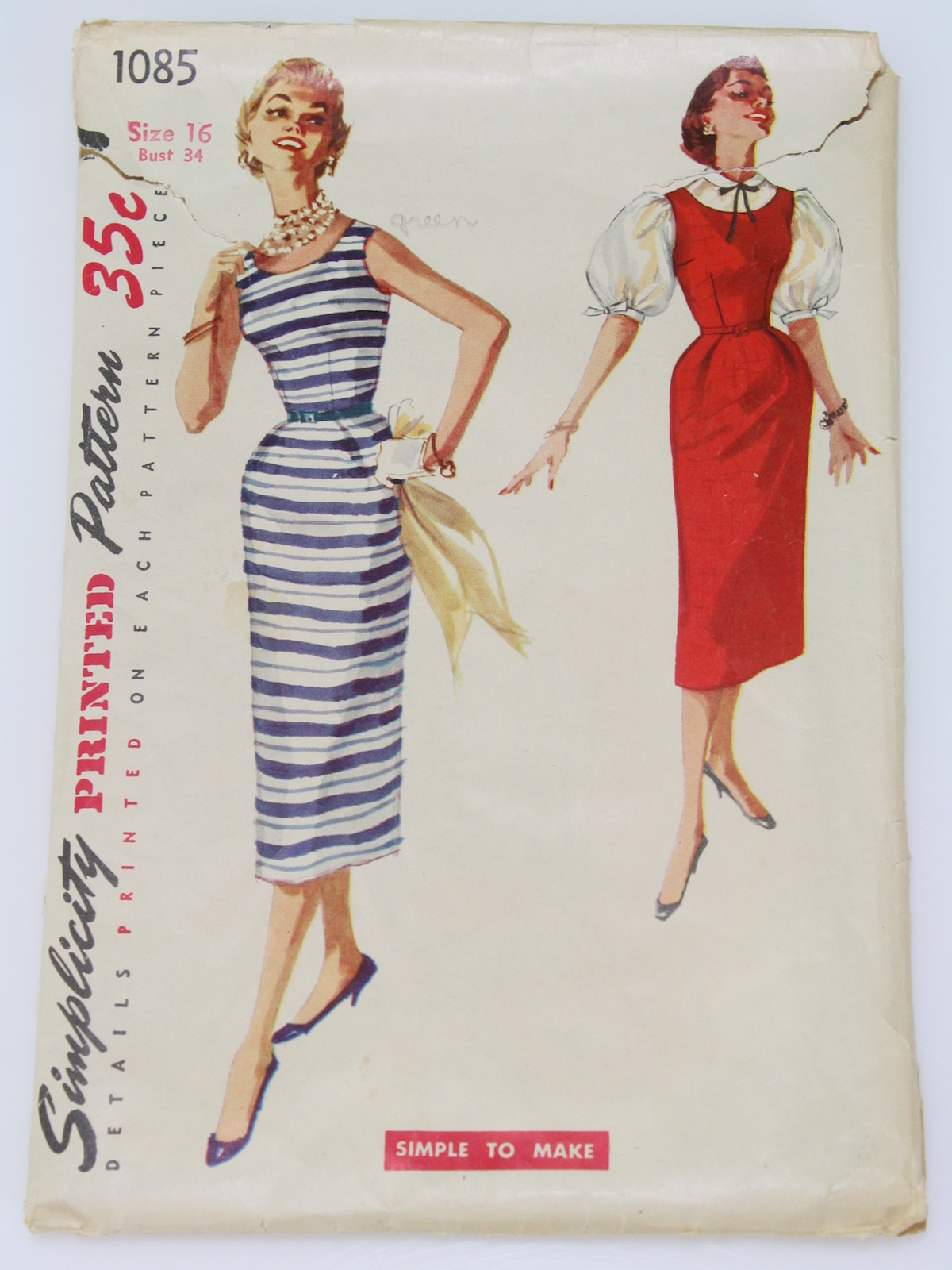 1950's Vintage Simplicity Pattern No. 1085 Sewing Pattern: 50s