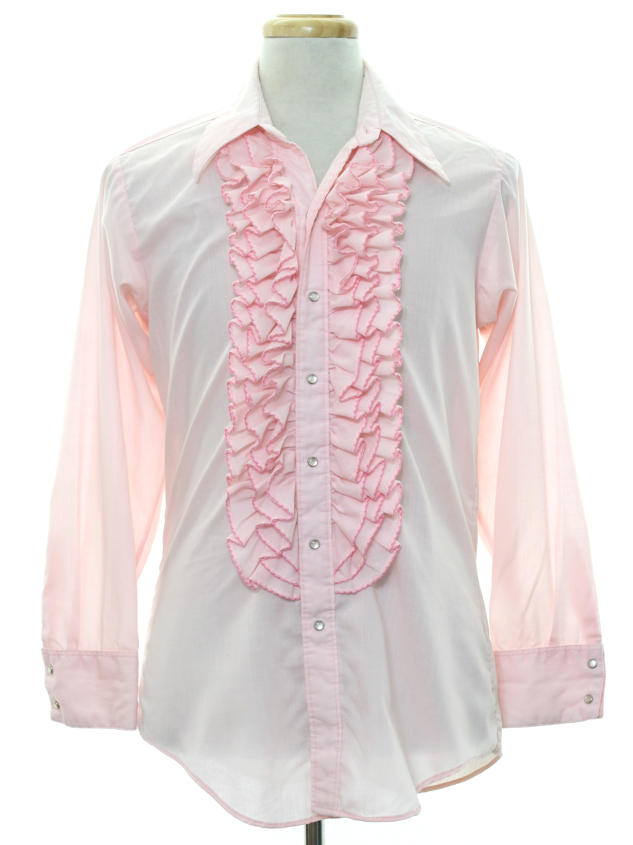 pink ruffled tuxedo shirt