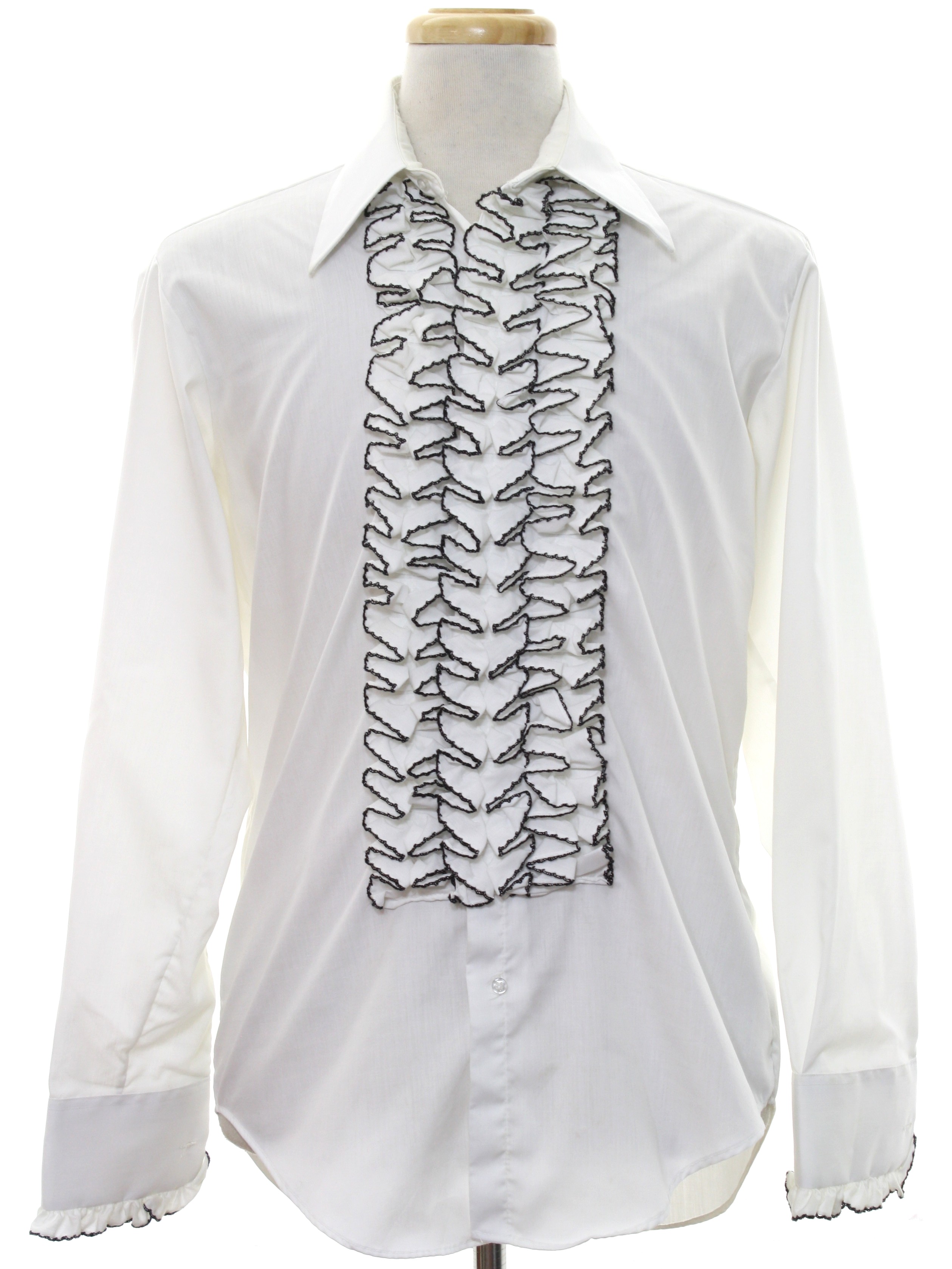 70 s After Six Shirt 70s After Six Mens white background cotton polyester blend French cuff longsleeve button up front ruffled tuxedo shirt with black trimmed ruffles down the front and along the