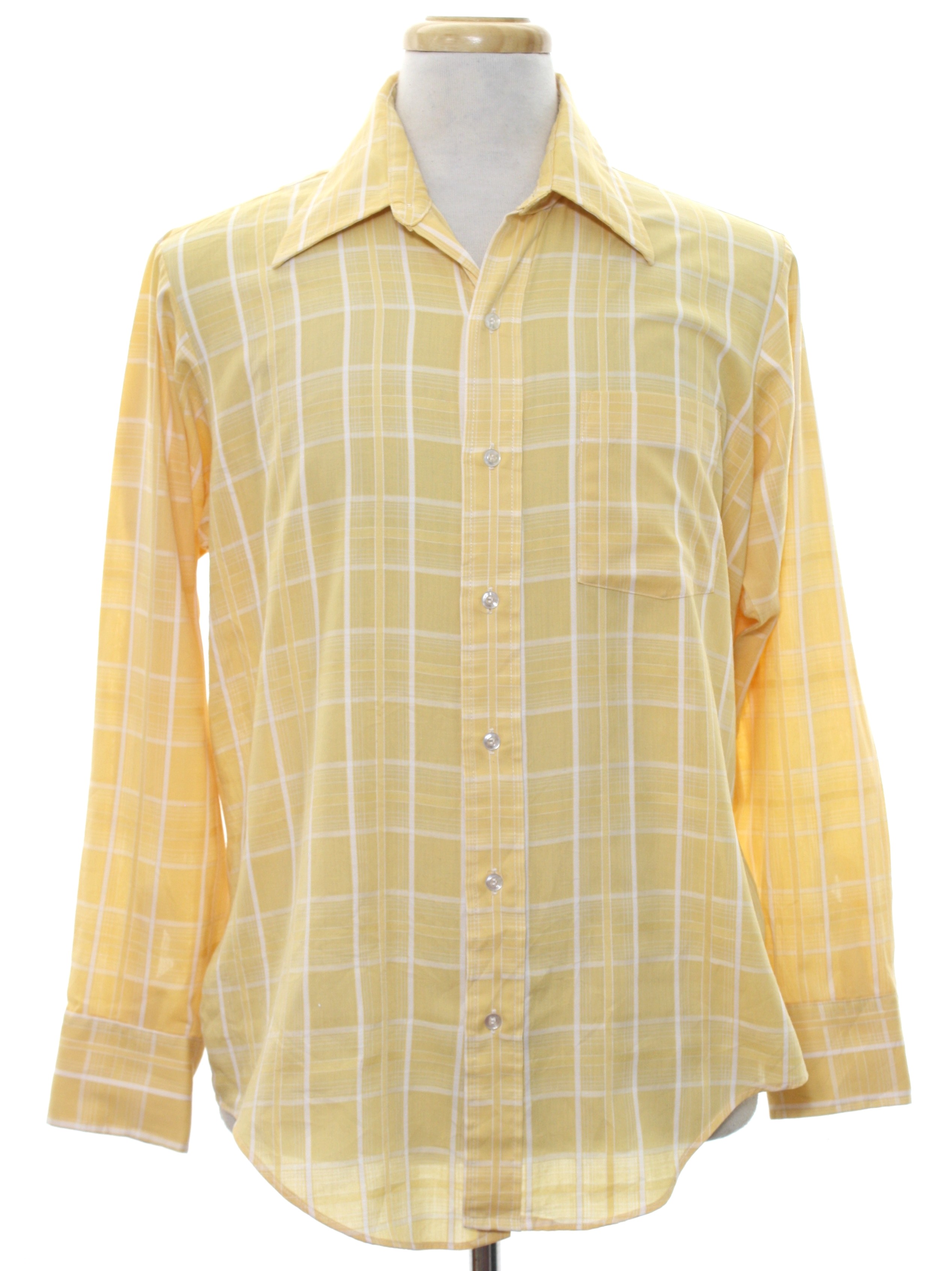 1970s Shirt: 70s -No Label- Mens butter yellow and white polyester ...