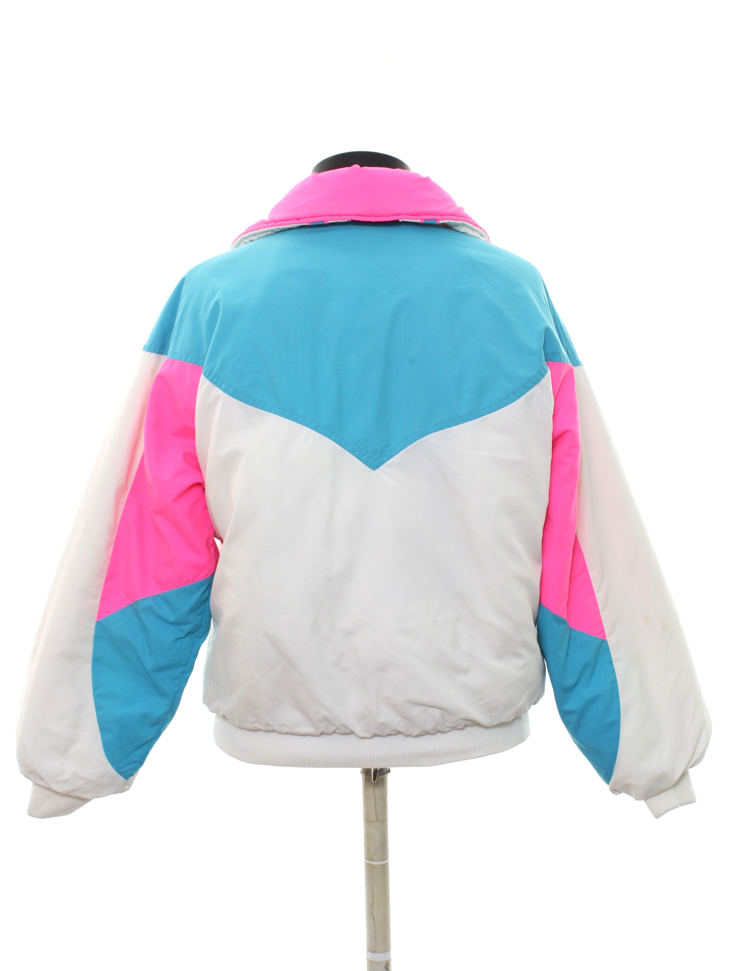 1980 s Vintage Sun Ice Jacket 80s Sun Ice Womens white neon blue and neon pink background cotton polyester blend longsleeve zip front Totally 80s ski jacket with polyester filling. Jacket has a