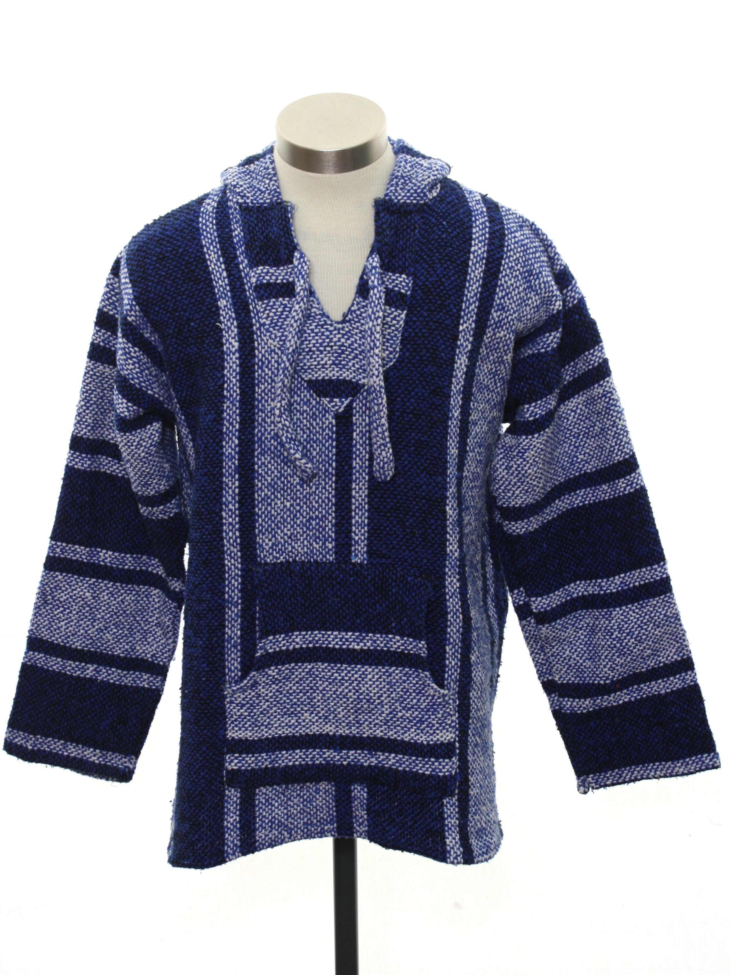 1980 s Vintage Artesania Cuamatzi Jacket Late 80s or Early 90s Artesania Cuamatzi Mens Blue and white background woven polyester acrylic blend pullover baja hippie jacket with striped pattern attach...