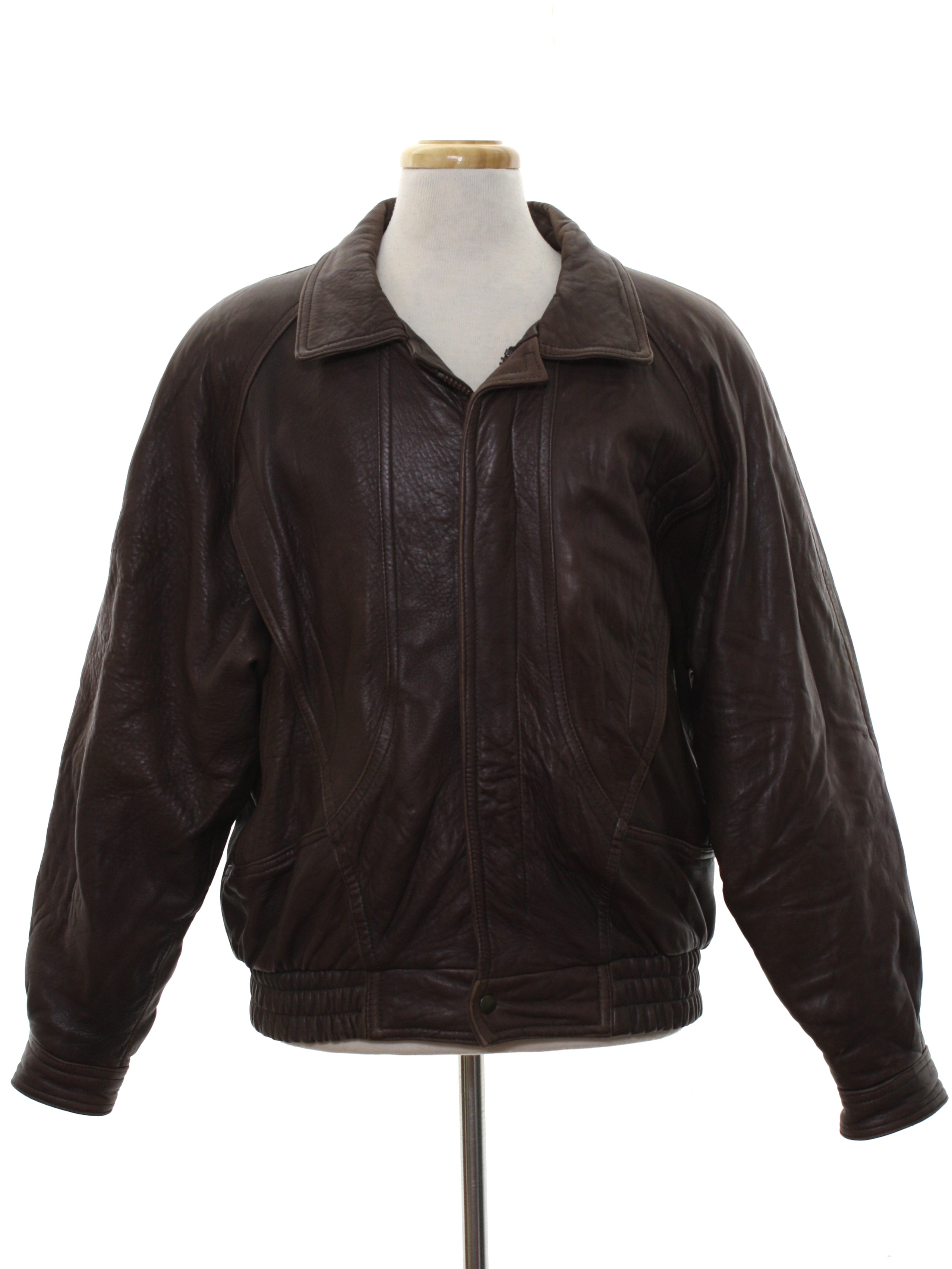 1980s Bill Blass Leather Jacket 80s Bill Blass Mens dark brown smooth soft leather totally 80s bomber style jacket with waist length styling oversize wedge silhouette front zipper with covering plac...