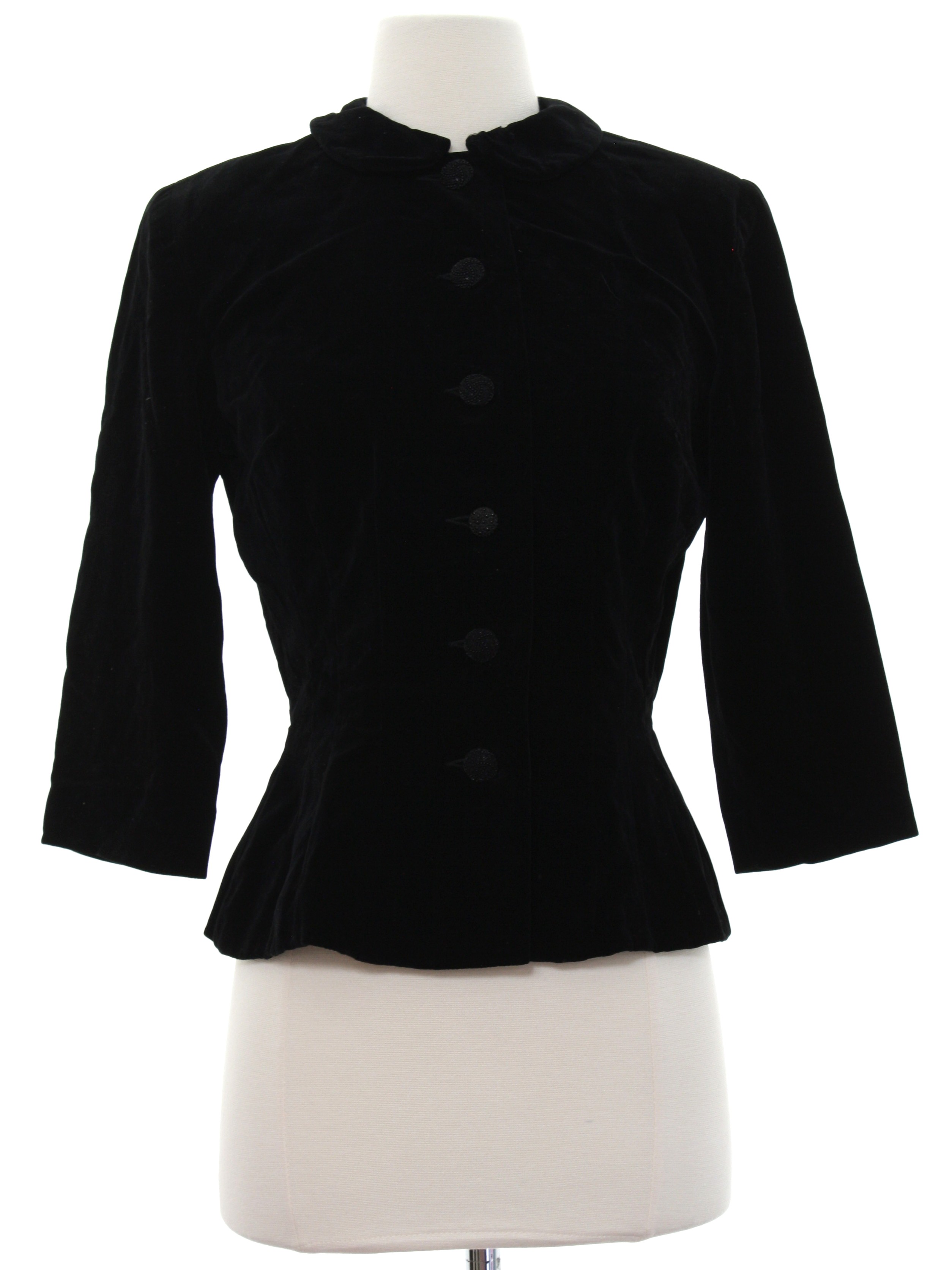 1980's Jacket: 80s -No Label- Womens black polyester velvet 3/4 sleeve ...
