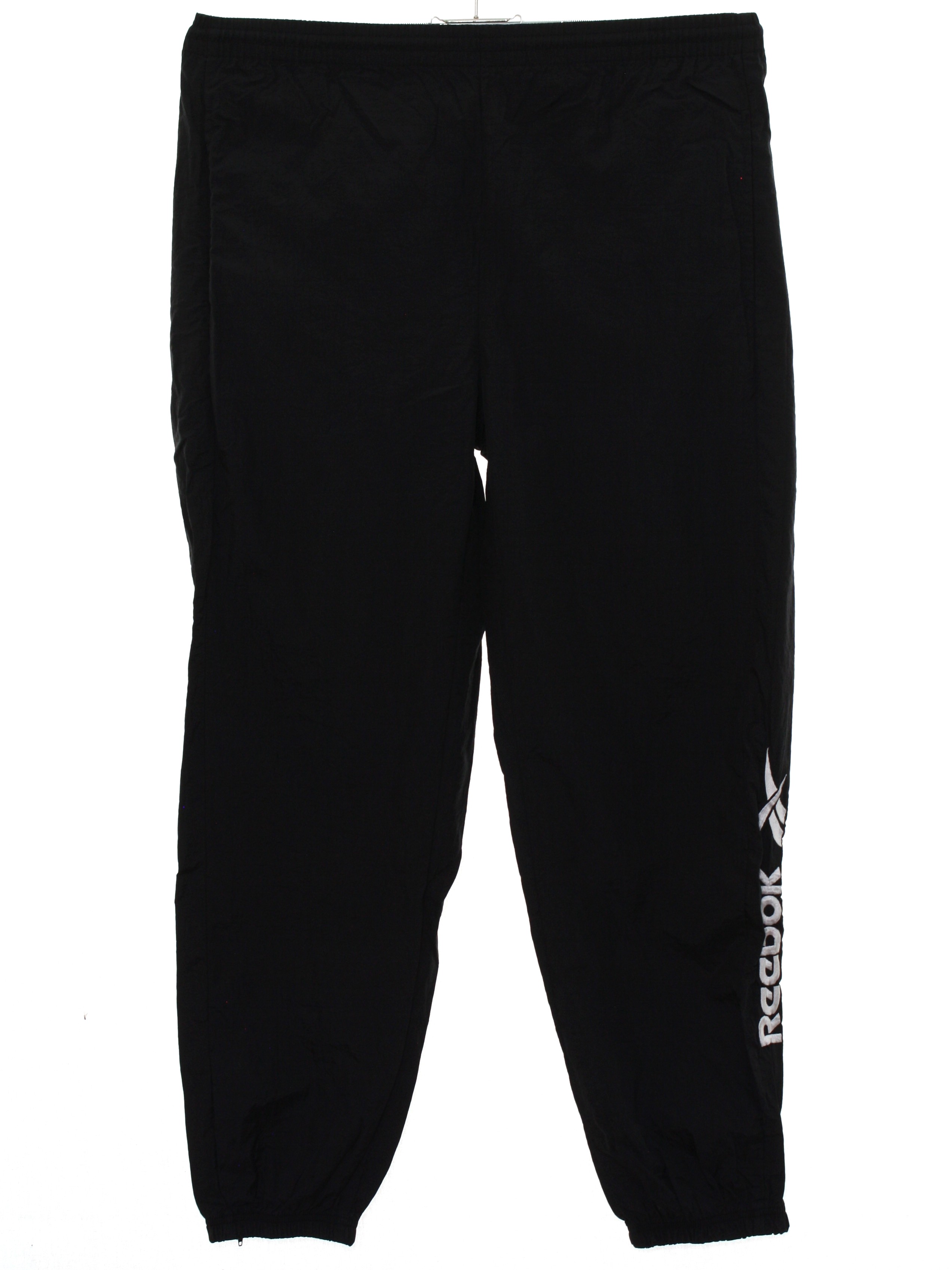 1980's Retro Pants: 80s -Reebok- Mens black solid colored nylon , wide ...