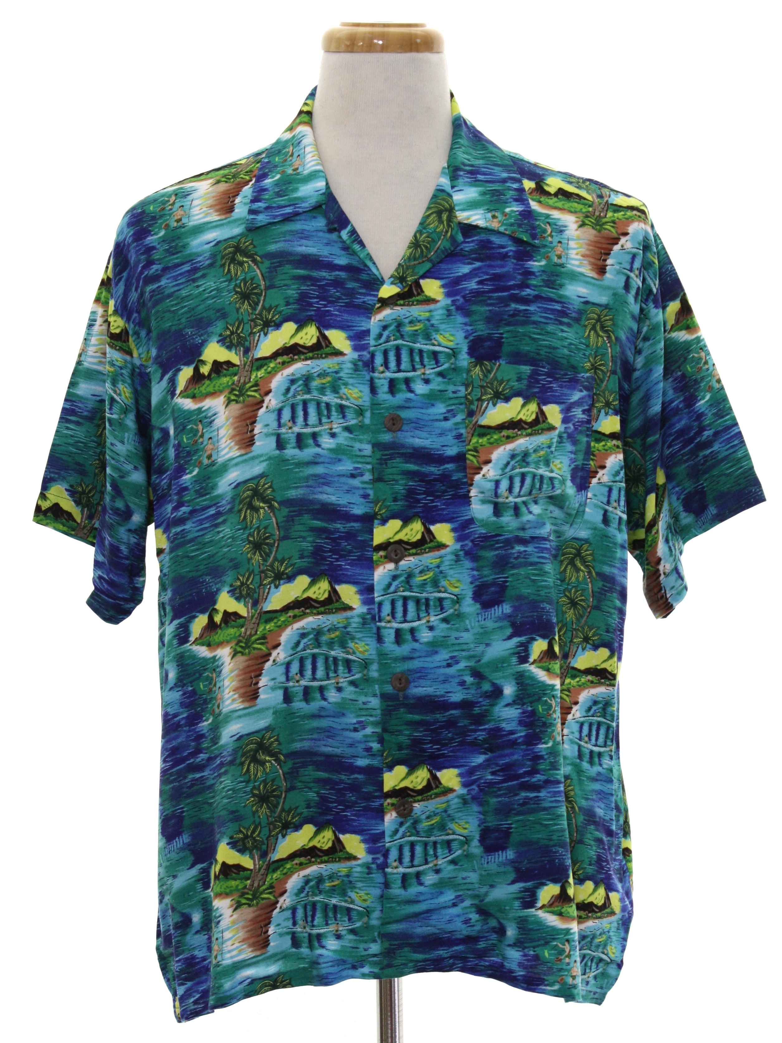 1990s Vintage Hawaiian Shirt: 90s -Ocean Current- Mens teal background ...