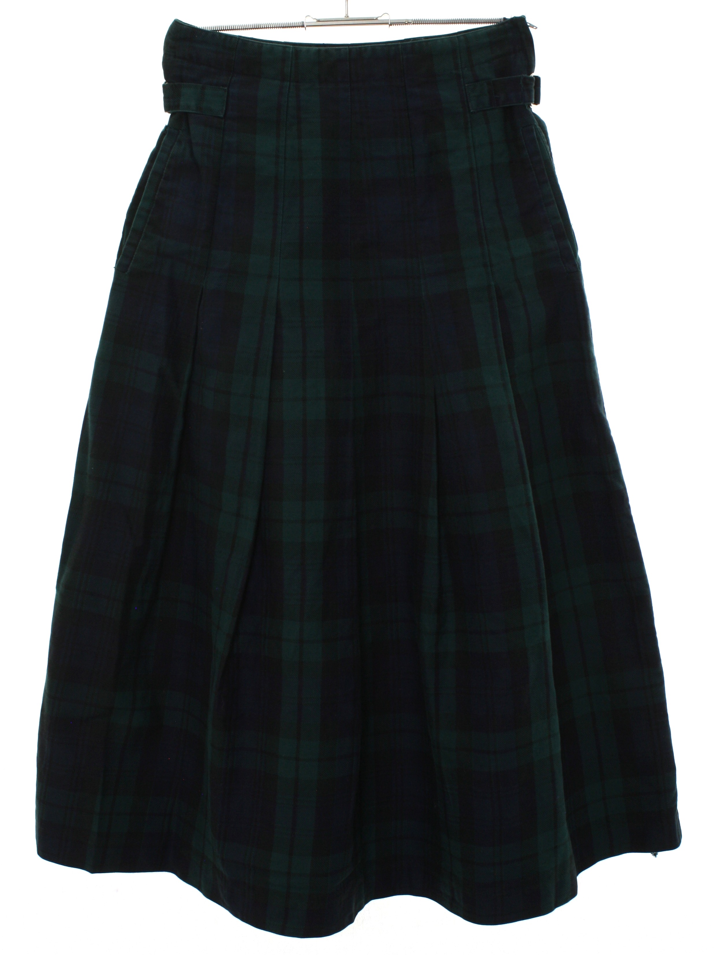 Retro Eighties Skirt 80s Hunters Run Womens dark green midnight blue and black plaid print background cotton pleated flared midlength totally 80s skirt with left hip zippered closure attached adjust...
