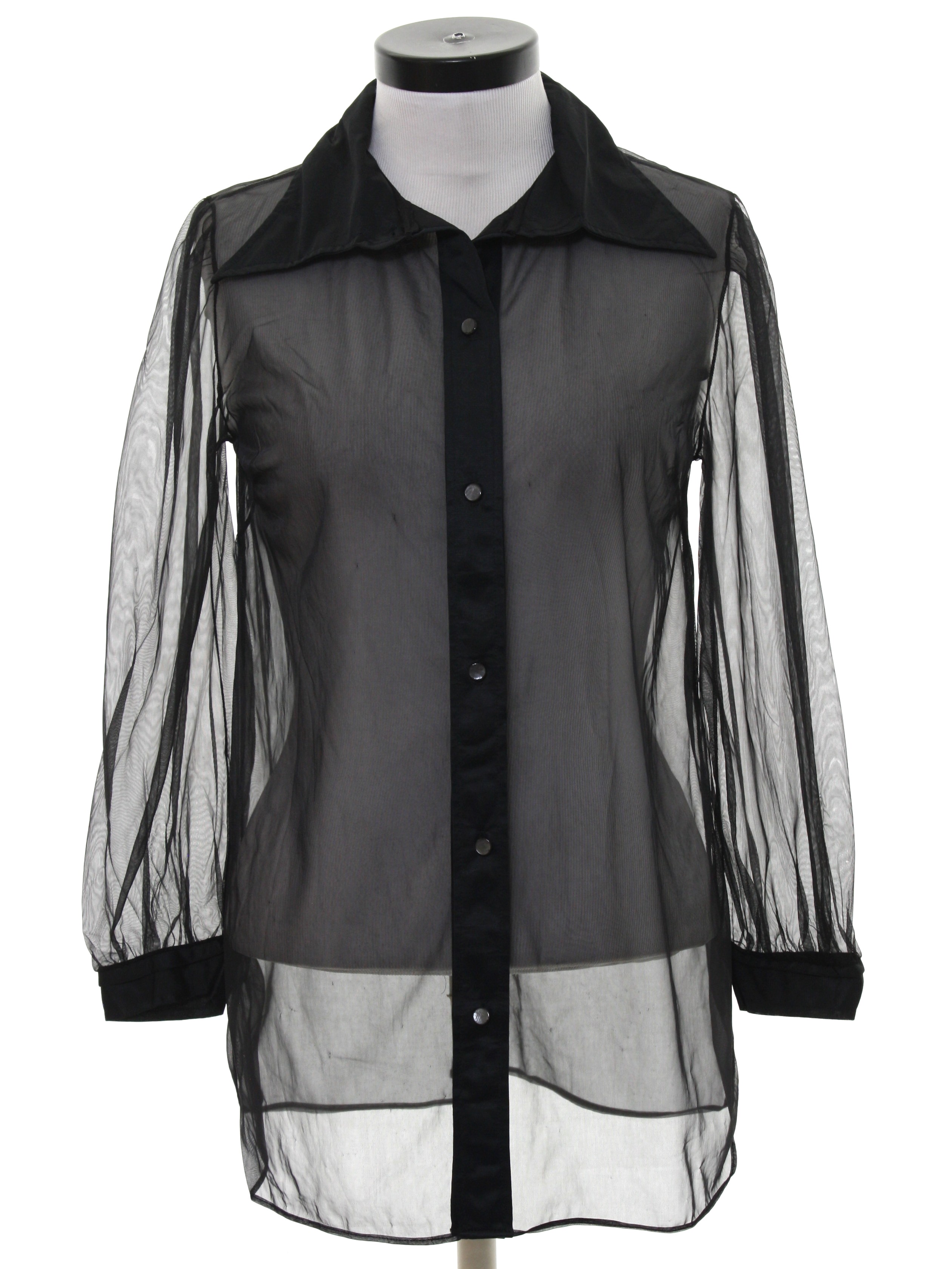 Seventies Vintage Shirt: 70s -Penneys- Womens black sheer polyester ...