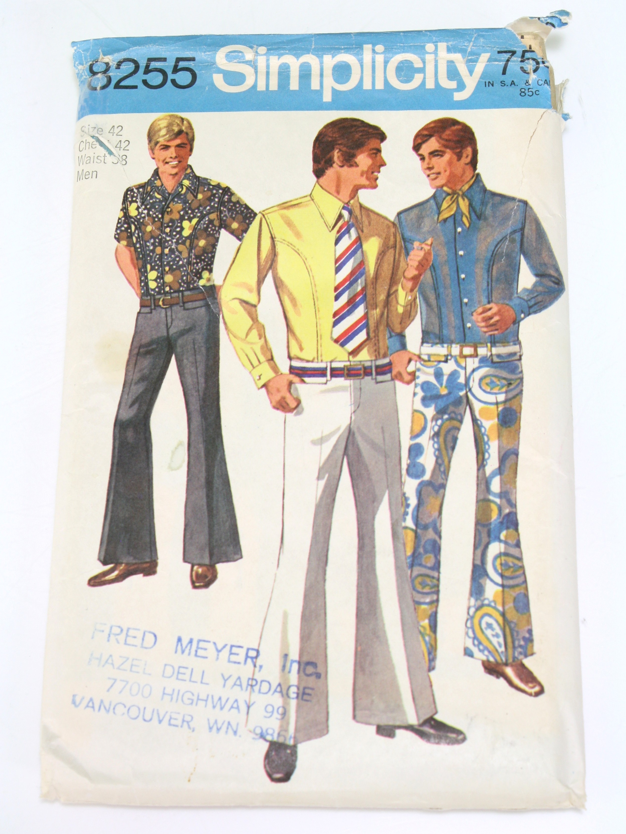 Simplicity Pattern No. 8255 60's Vintage Sewing Pattern: 60s -Simplicity  Pattern No. 8255- Mens body shirt and bell-bottom hip-hugger pants. The  stop-stitched body shirt with side front sections and back yoke has