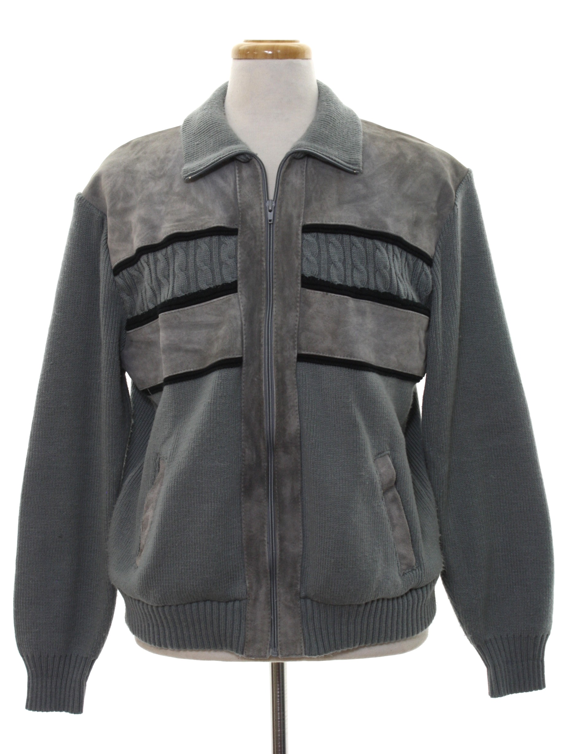 80s front zip up leather knit jacket