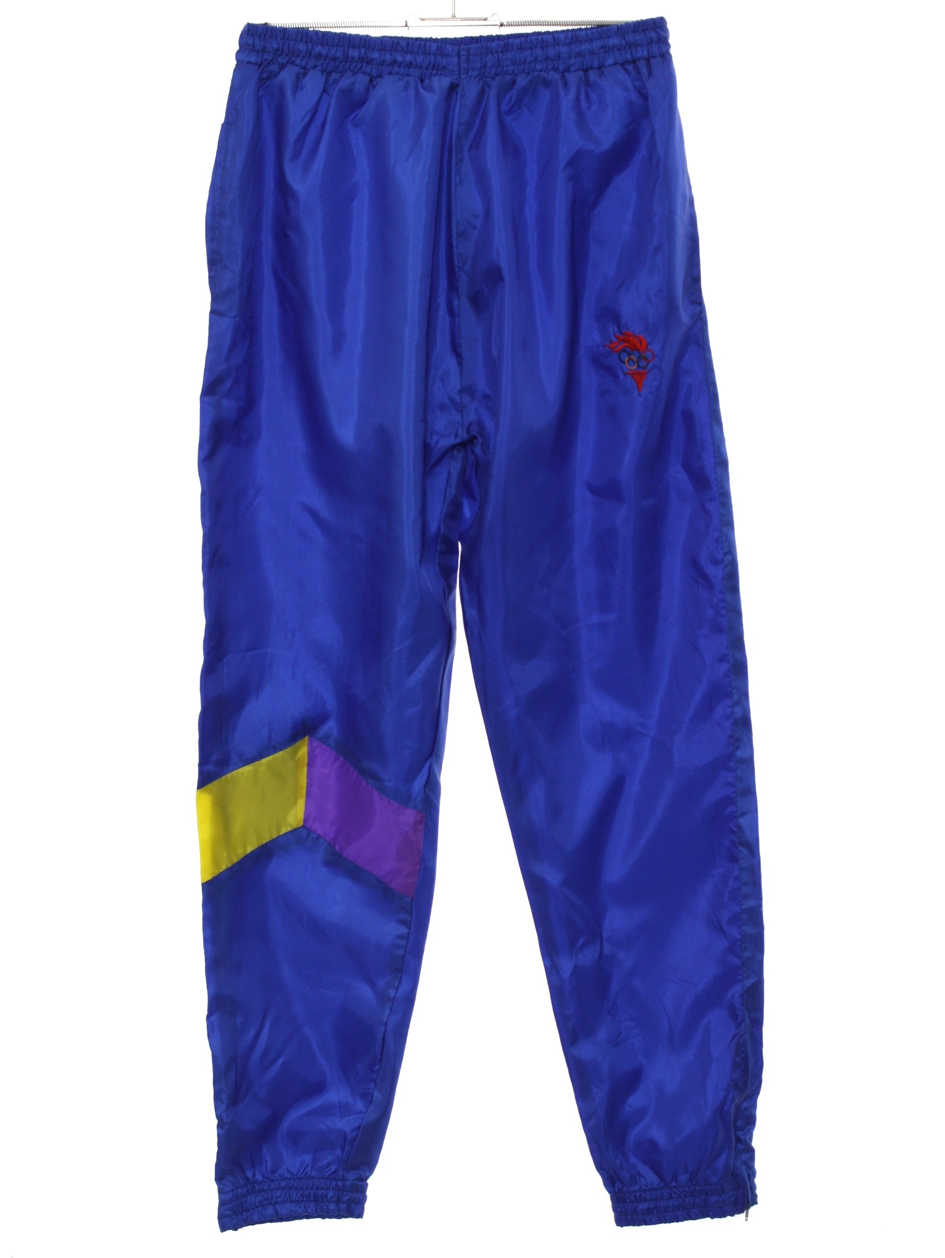 Pants: 90s -Missing Label- Mens shiny royal blue solid colored nylon ...