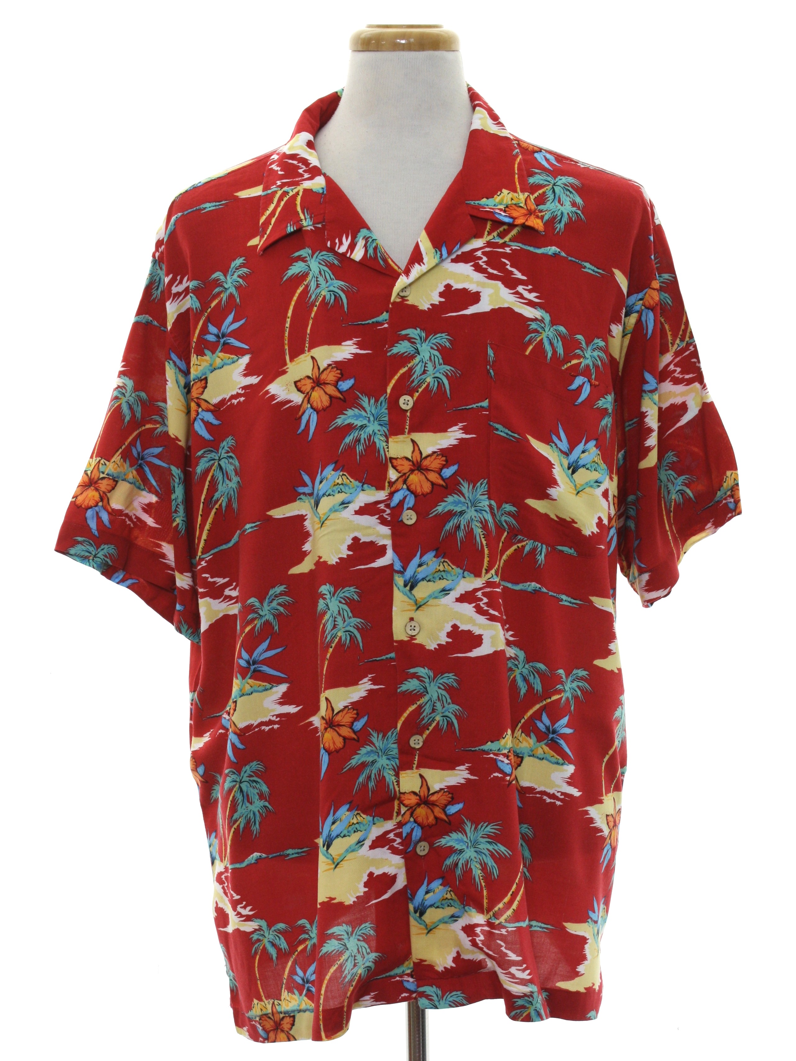 80's Vintage Hawaiian Shirt: 80s -Cherokee- Mens red background, white ...