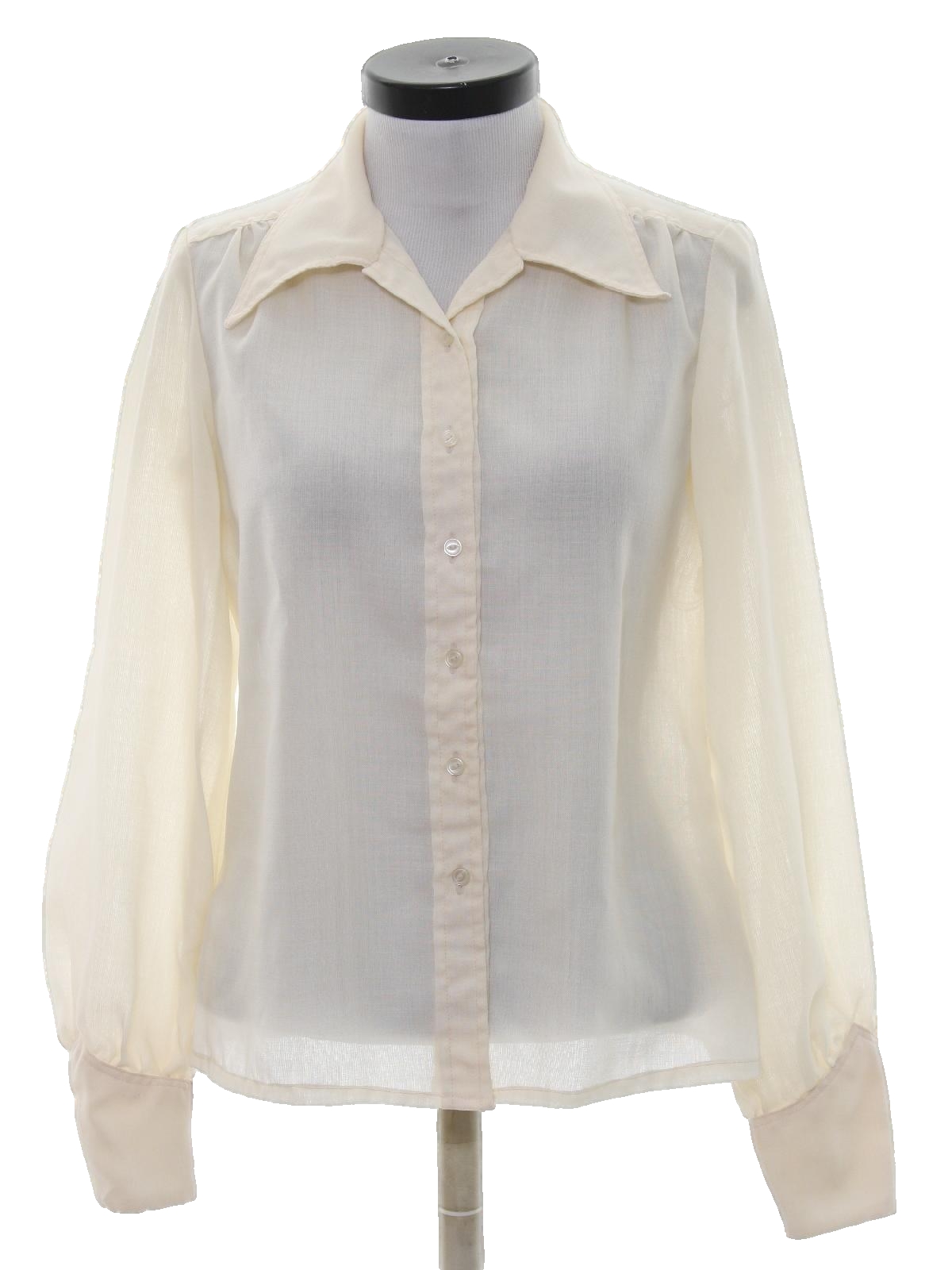 Vintage 1970's Shirt: 70s -home sewn- Womens cream semi-sheer polyester ...