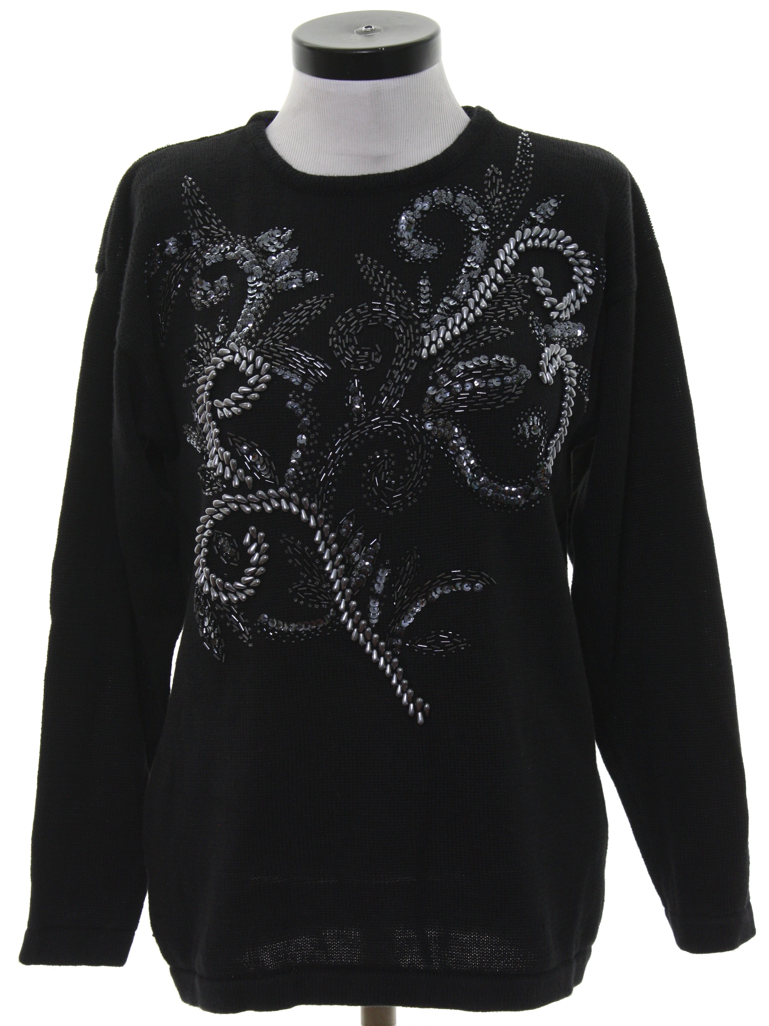 Retro 1980s Beaded Sweater: 80s -Victoria Harbour- Womens black cotton ...