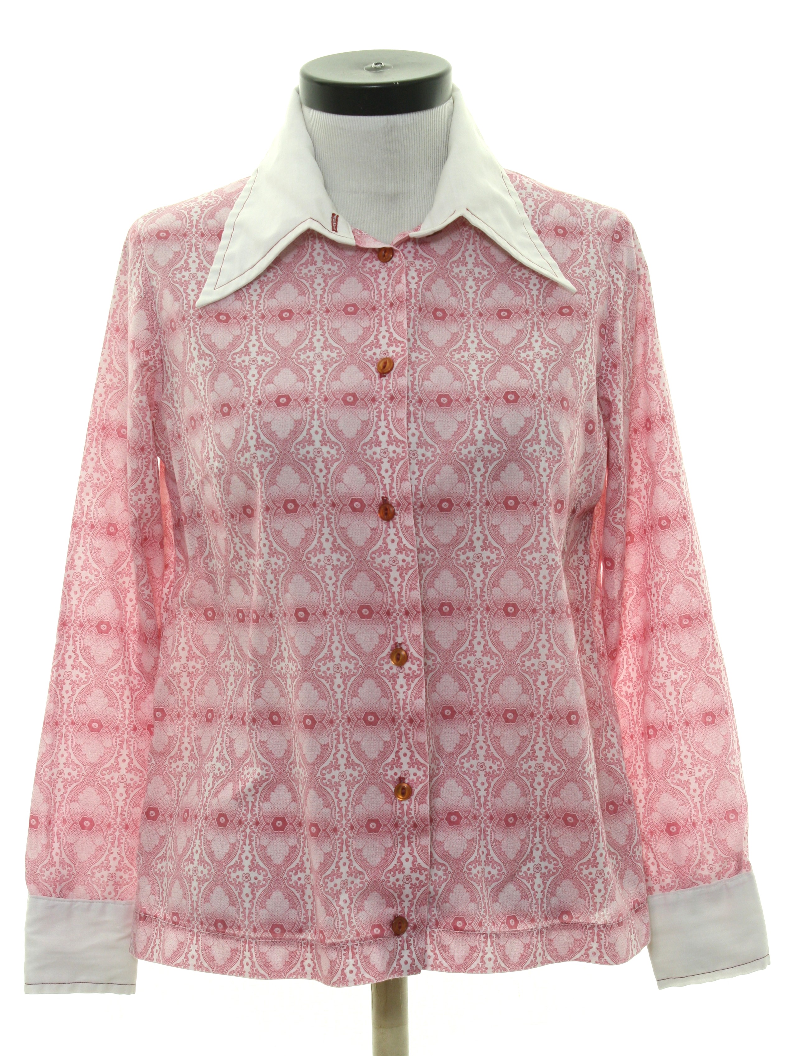 1970s Shirt: 70s -No Label- Womens white background polyester cotton ...
