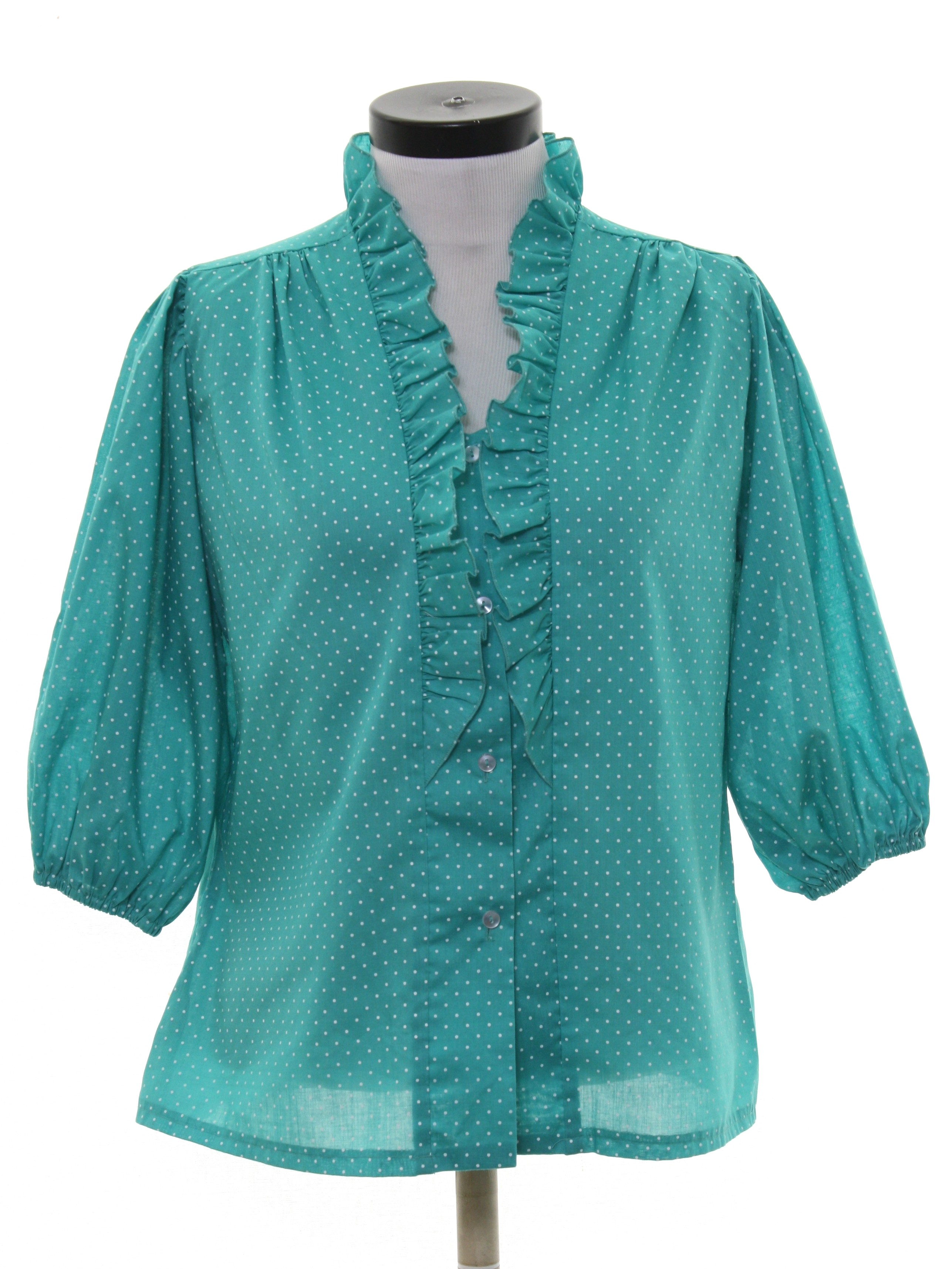 Retro 1980's Shirt: 80s -No Label- Womens teal and white polyester ...