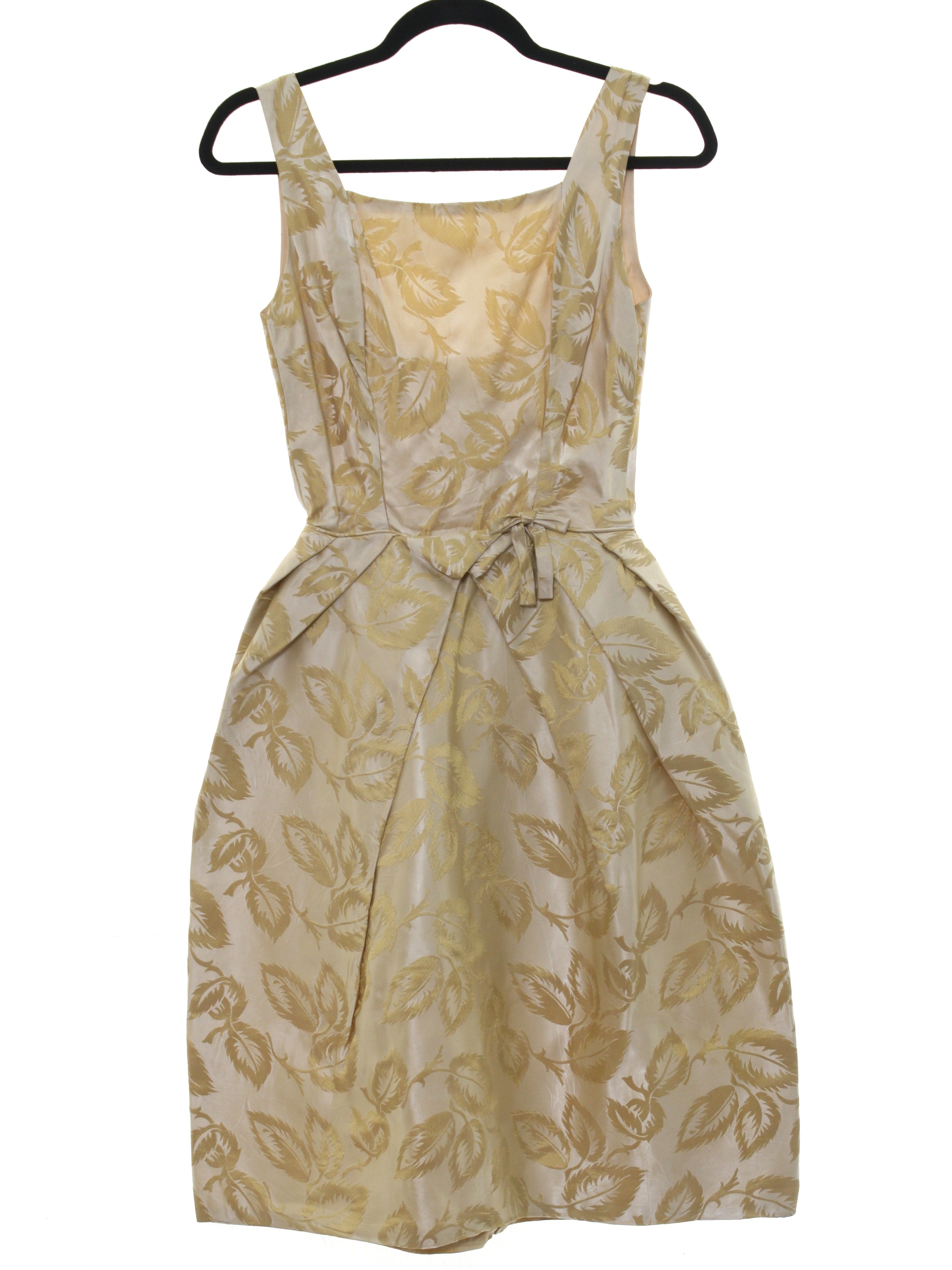 Vintage 1950 s Cocktail Dress Early 50s Missing Label Womens soft shiny gold with dark gold leaf print background acetate blend sleeveless knee length prom or cocktail dress. Squared neckline basic ...