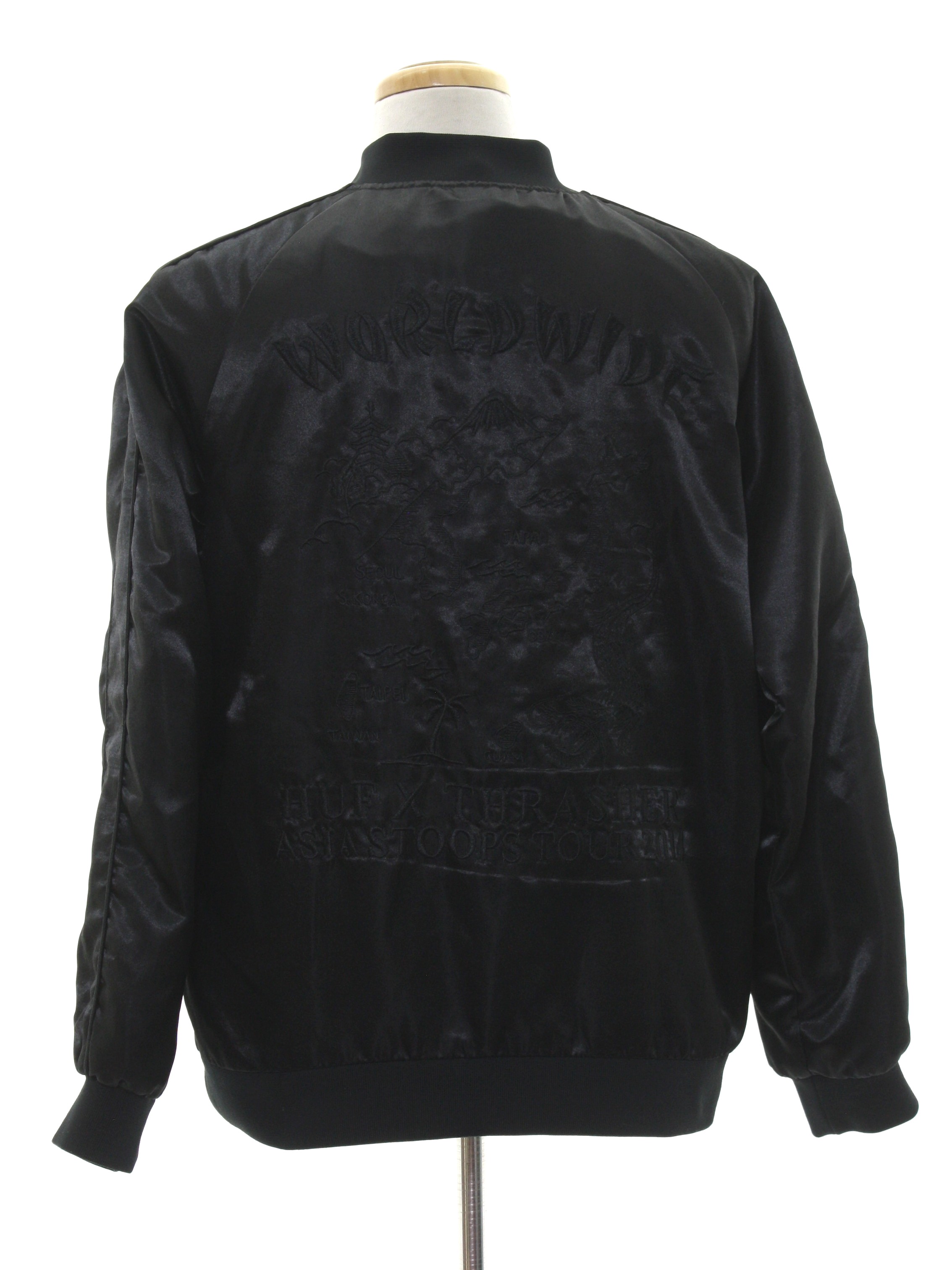 Jacket: 90s -Huf- Mens shiny black background satin polyester ribbed ...