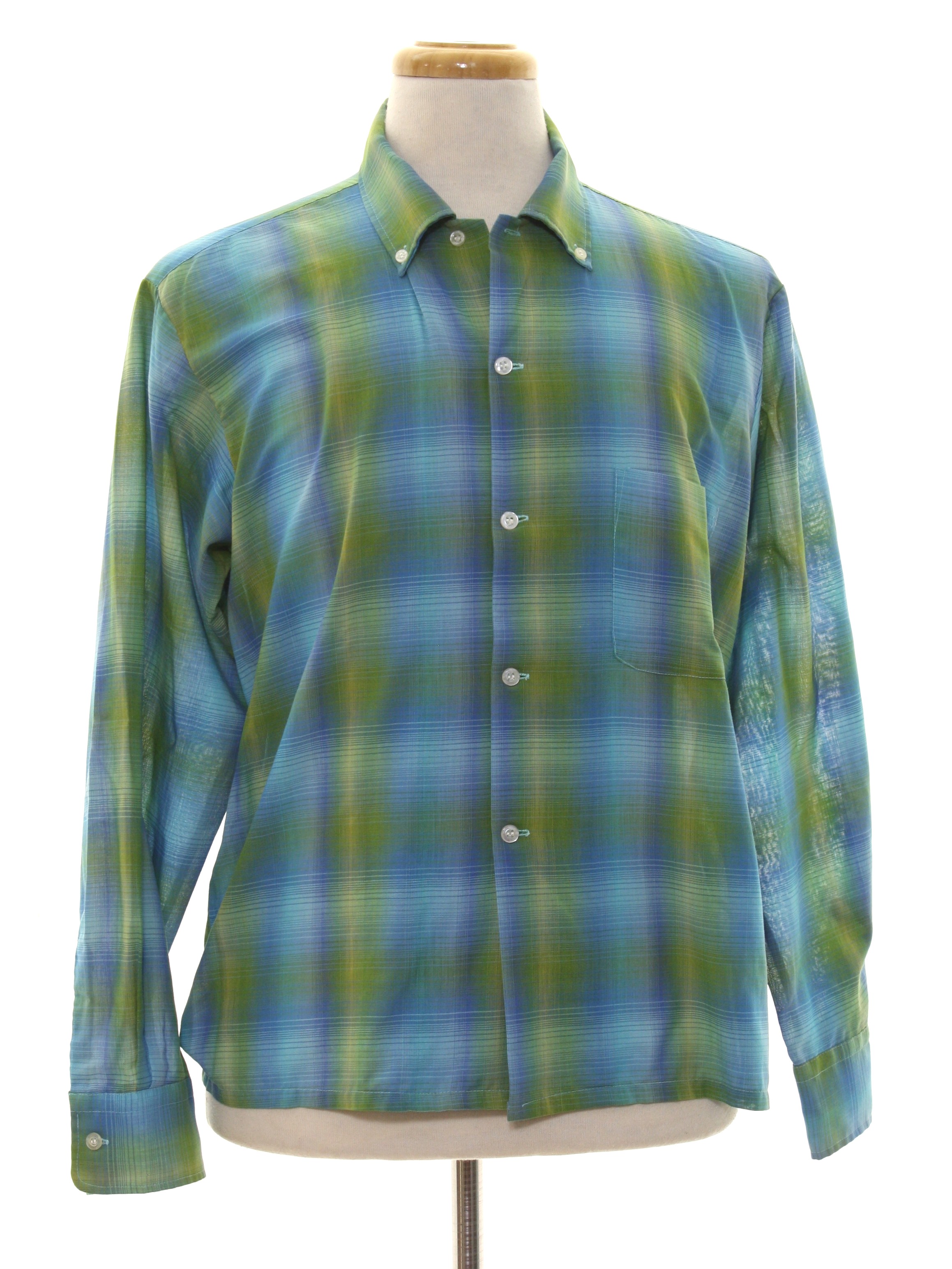 Retro 1960s Shirt: 60s -K Mart- Mens bright shades of blue and green ...