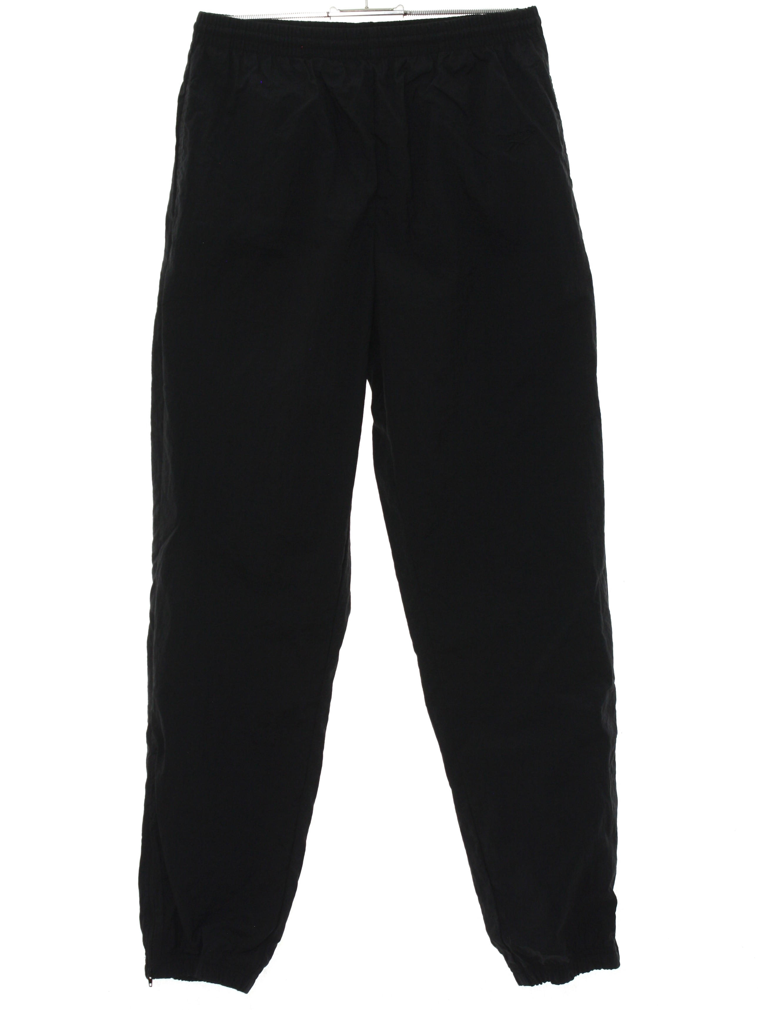 Pants: 90s -Reebok- Mens black background nylon shell -Reebok- stitched ...