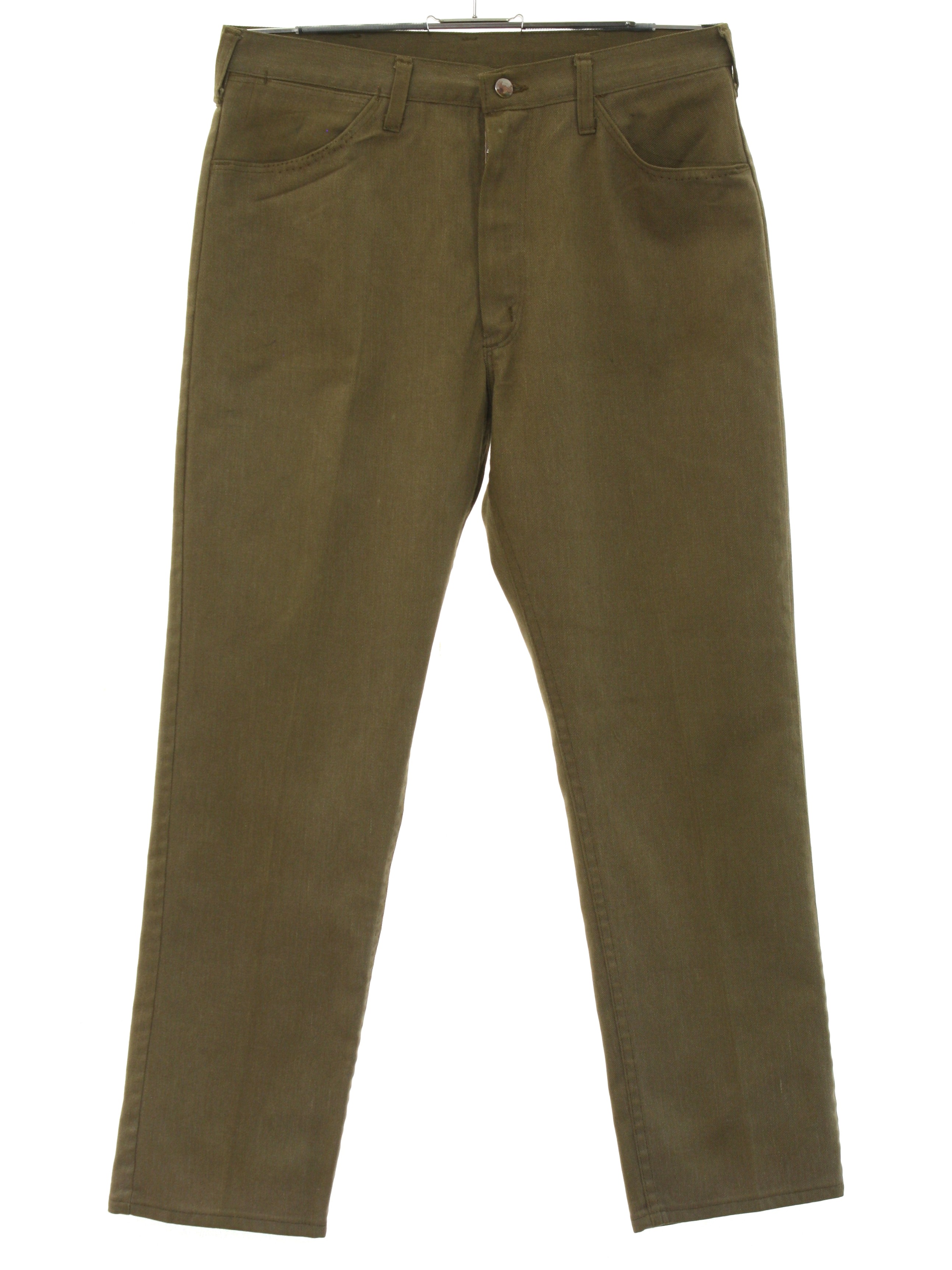 1960s Wrangler Pants: 60s -Wrangler- Mens golden olive solid colored polyester cotton blend flat front, tapered leg jeans-cut pants with cuffless hem, front scoop pockets, two rear patch pockets, button front closure, 1960s Wrangler Pants: 60s -Wrangler- Mens golden olive solid colored polyester cotton blend flat front, tapered leg jeans-cut pants with cuffless hem, front scoop pockets, two rear patch pockets, button front closure,