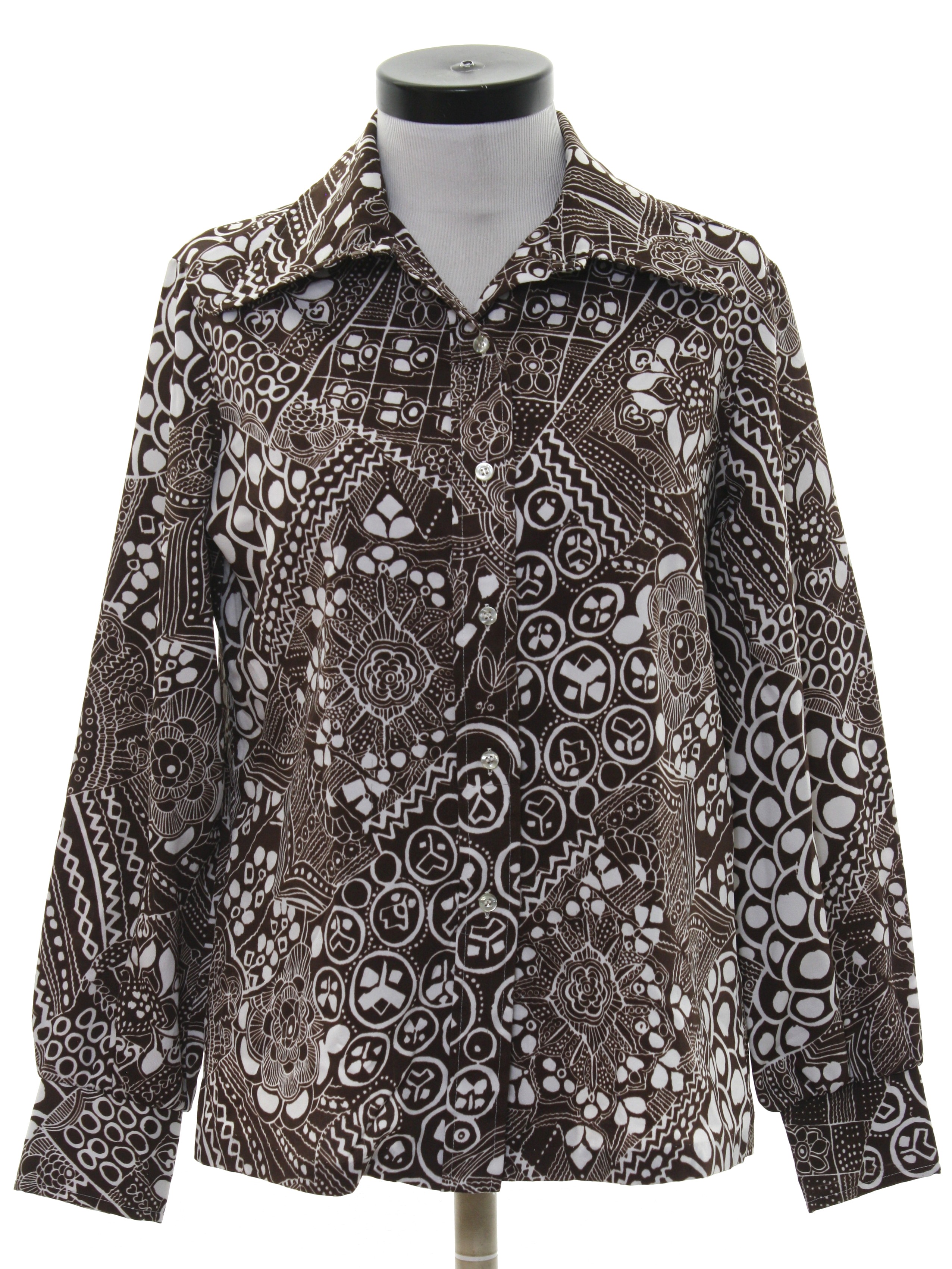 1970's Vintage Shirt: 70s -No Label- Womens dark brown and white silky ...