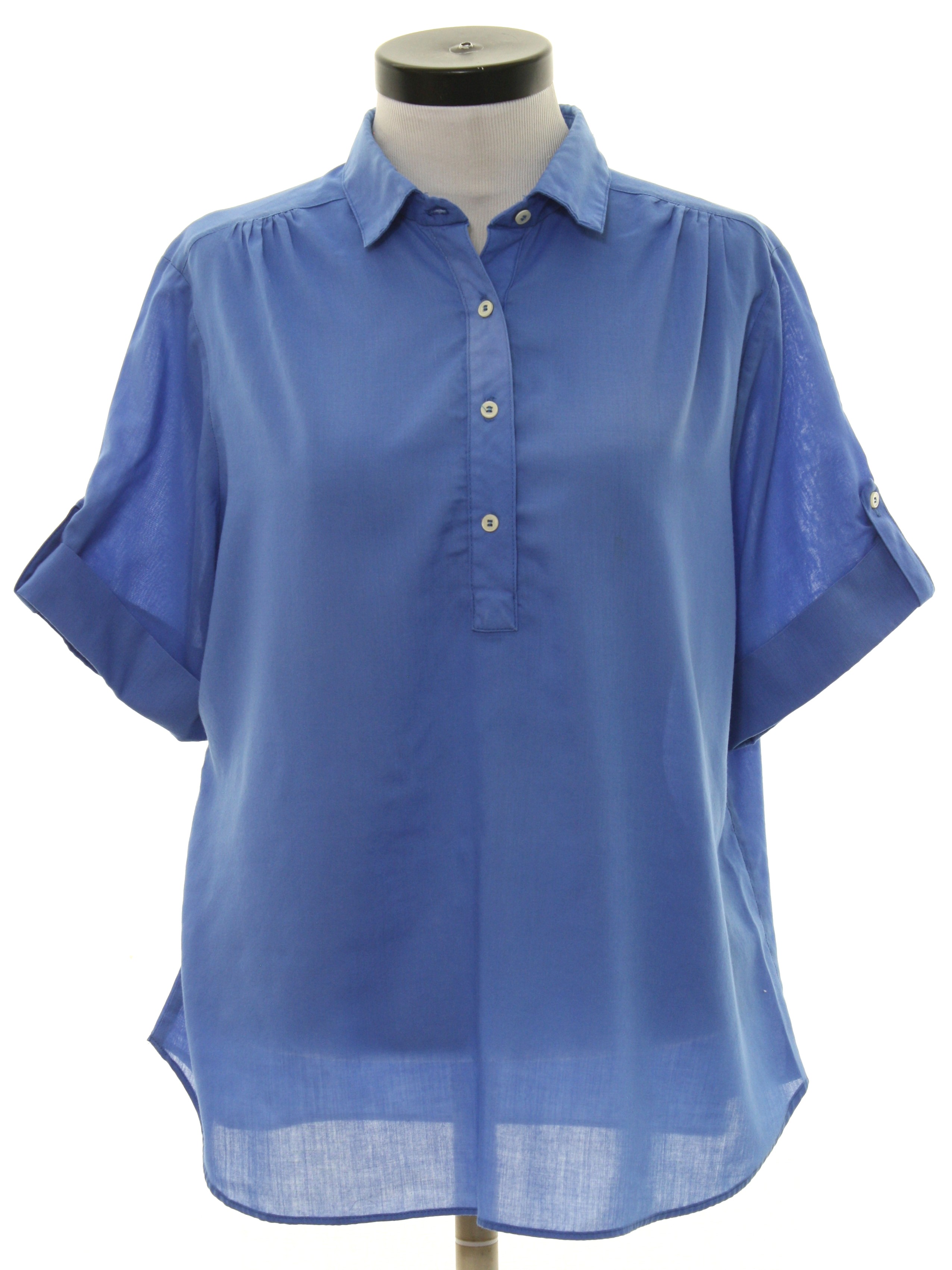Vintage 1980s Shirt: 80s -No Label- Womens lake blue polyester cotton ...