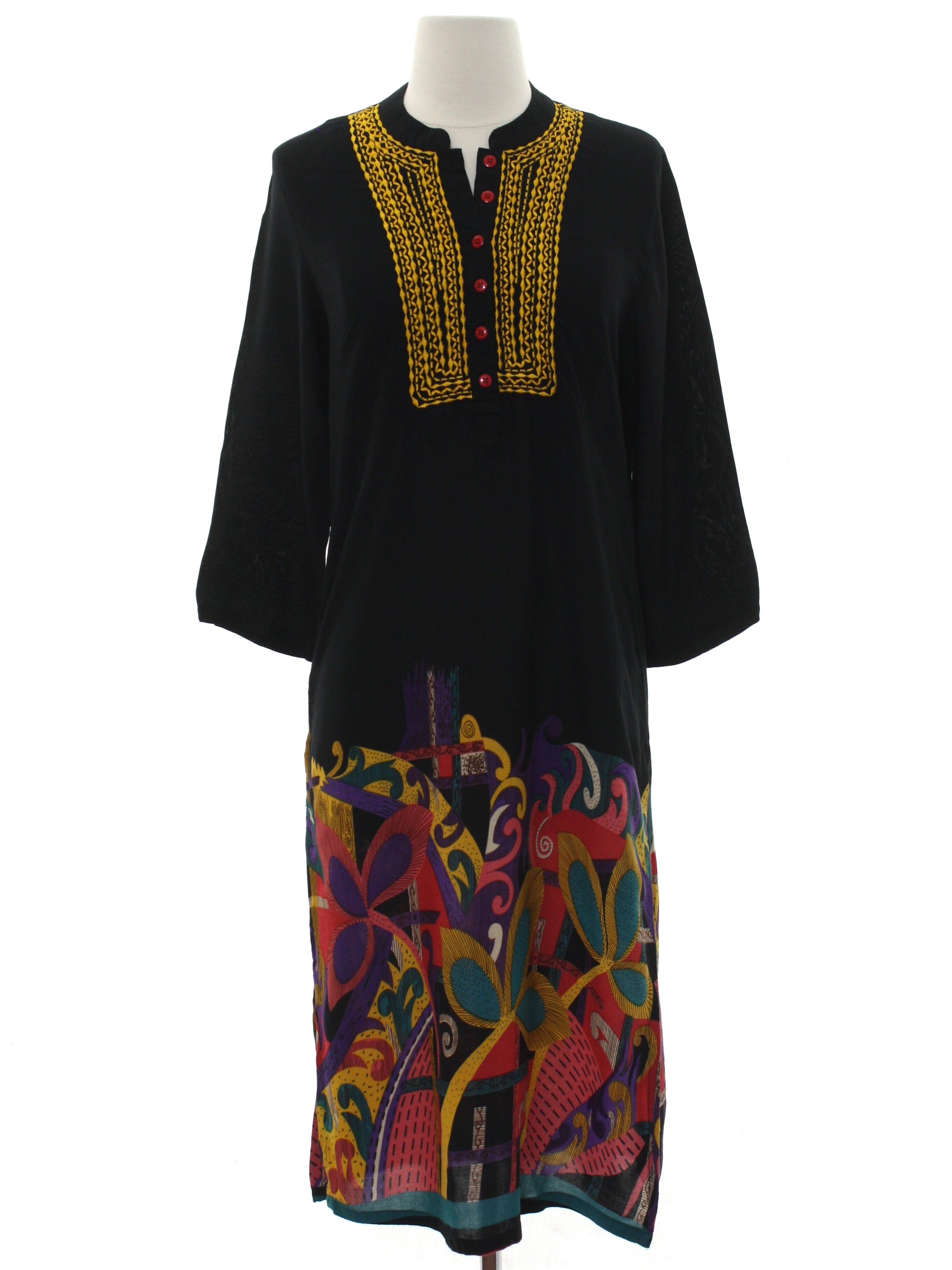 Retro Nineties Hippie Dress: 90s -Medium- Womens black background rayon ...