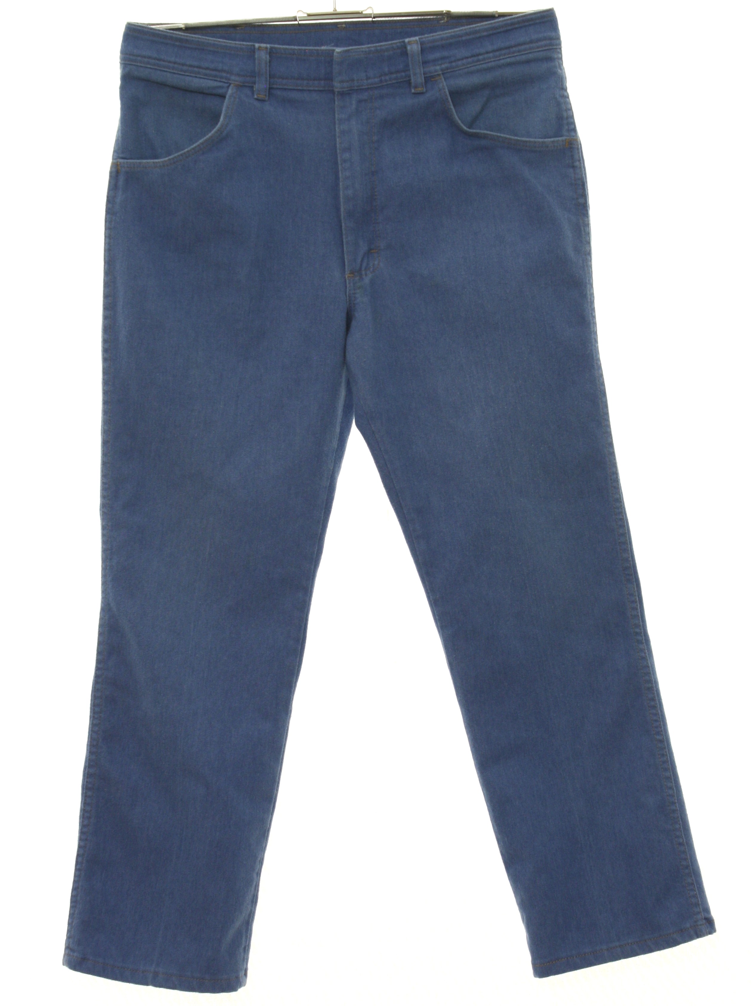 Retro 1980s Pants: 80s -Wrangler- Mens blue denim looking solid colored ...