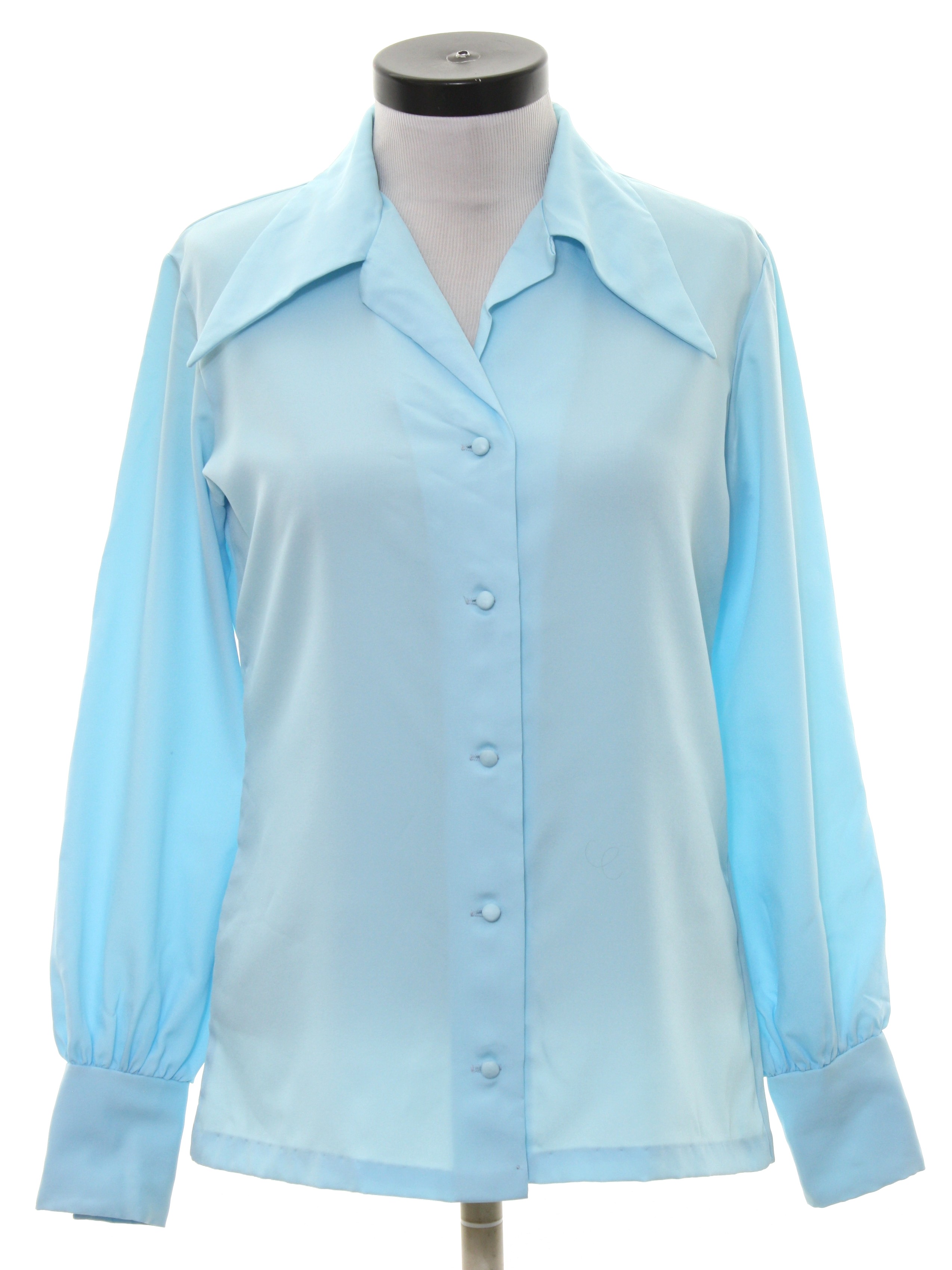 Retro 1970s Shirt: 70s -Le Soft Shirt- Womens aqua silky polyester ...