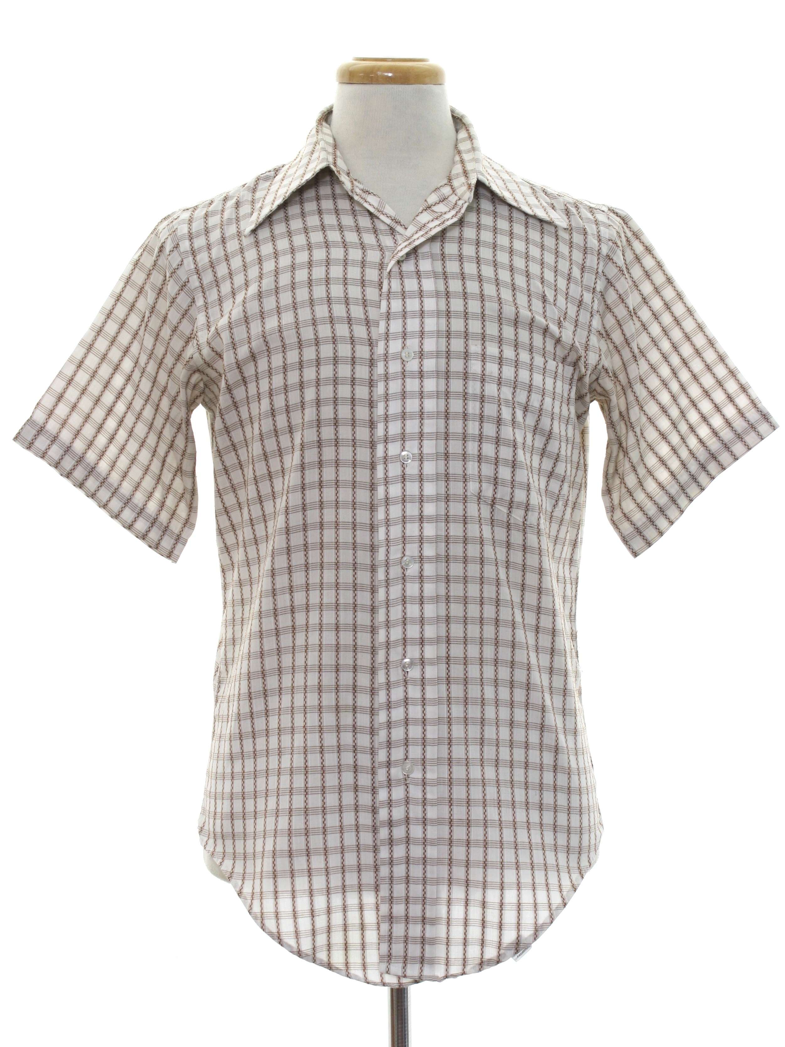 Retro Seventies Shirt: 70s -Grodins- Mens white with brown plaid print ...