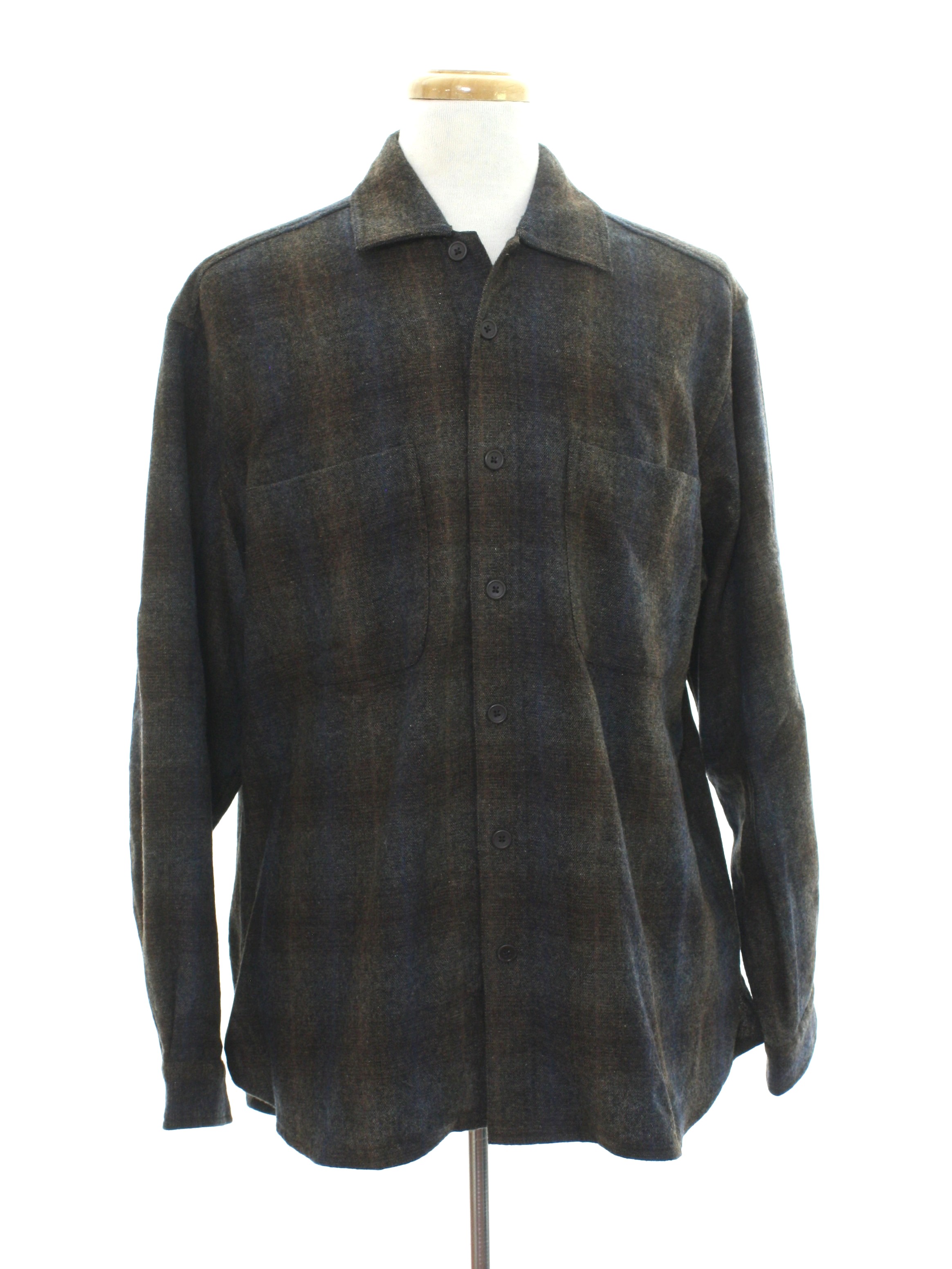 Wool Shirt: 90s -Naturalife- Mens dark brown, slate blue and charcoal ...