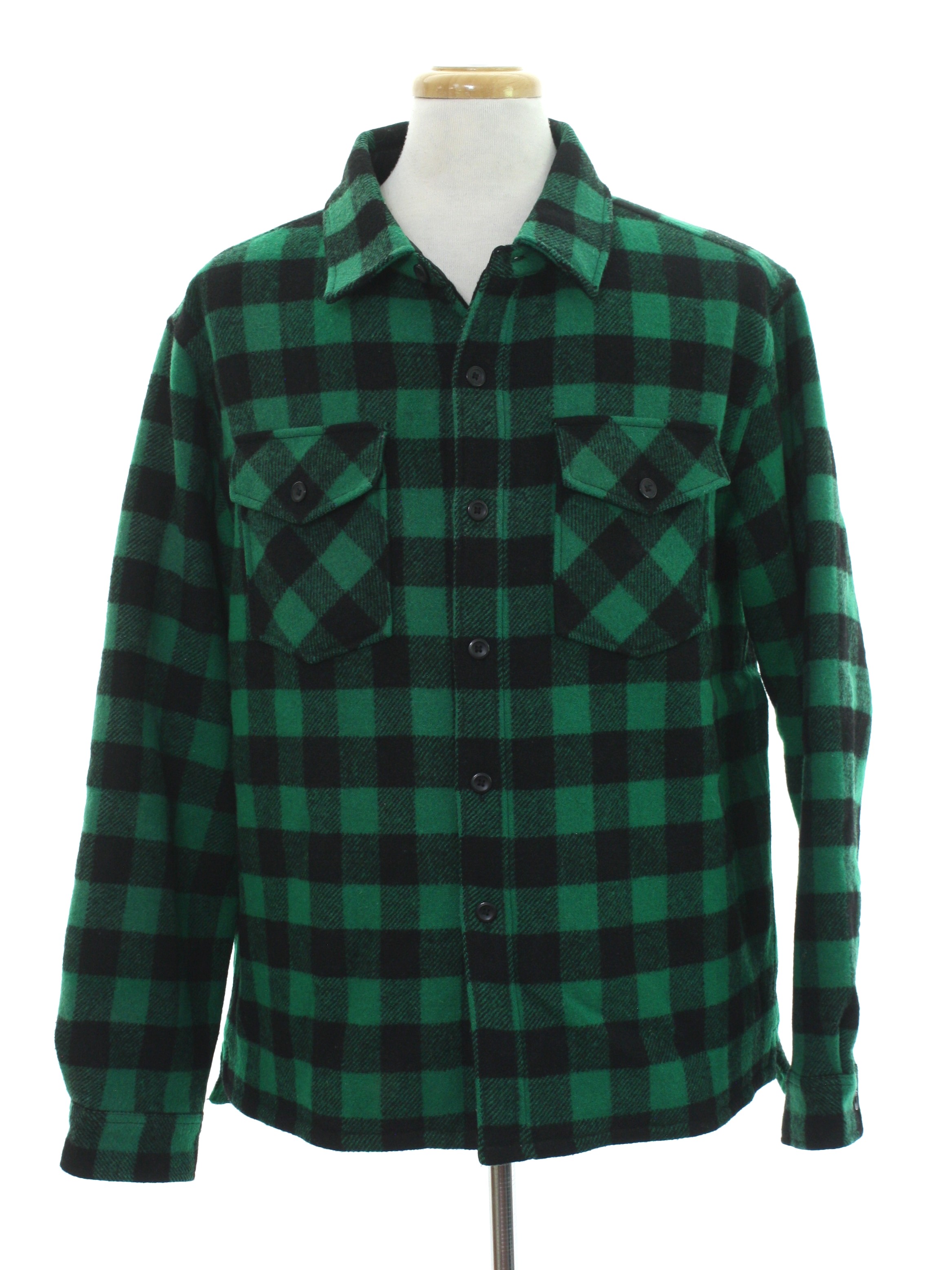Jacket: 90s -LL Bean- Mens green and black plaid print background wool ...