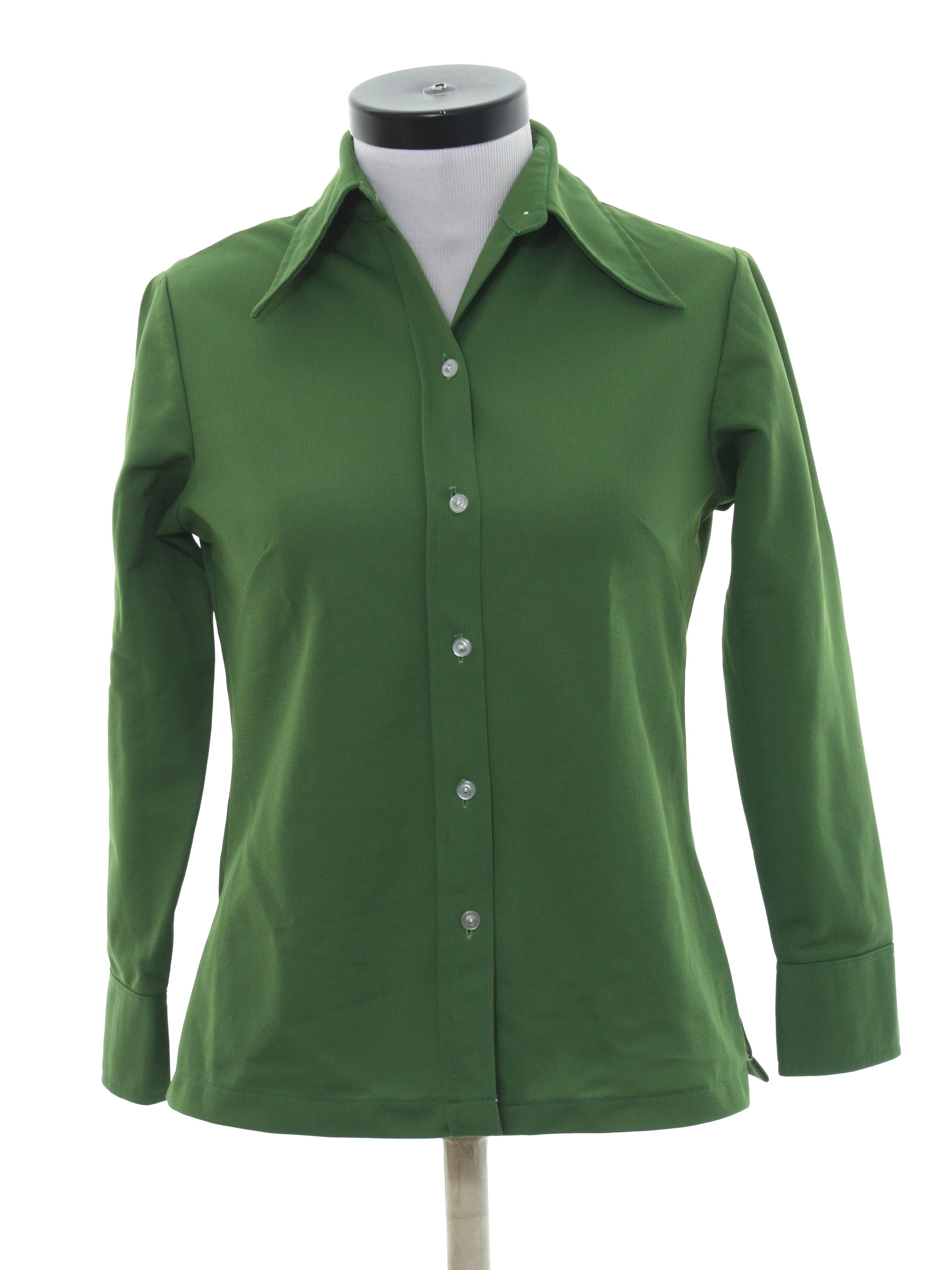 1970's Retro Shirt: 70s -No Label- Womens bright olive polyester blend ...