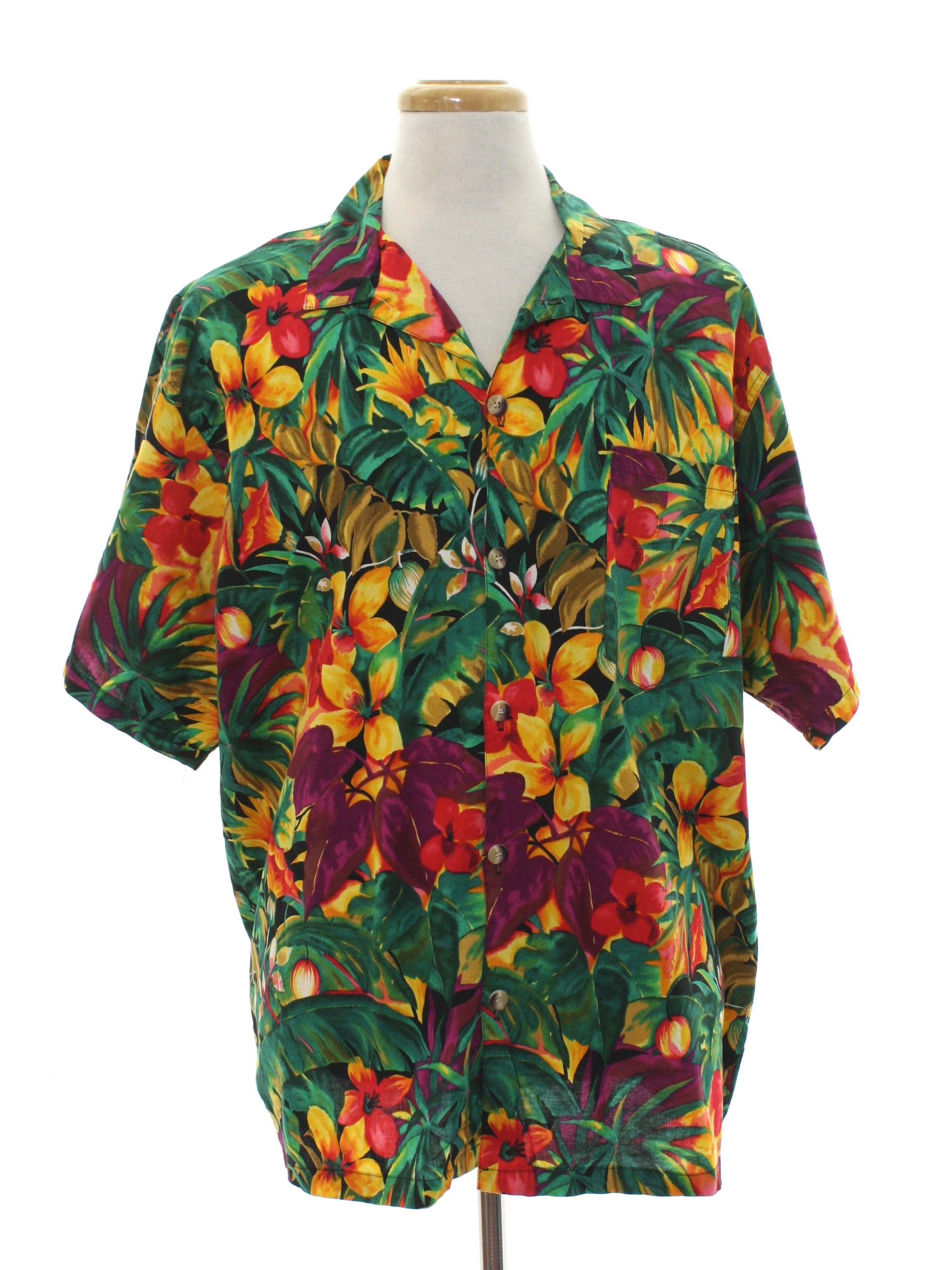 1980's Retro Hawaiian Shirt: Late 80s -Toucan Dance- Mens green, black ...