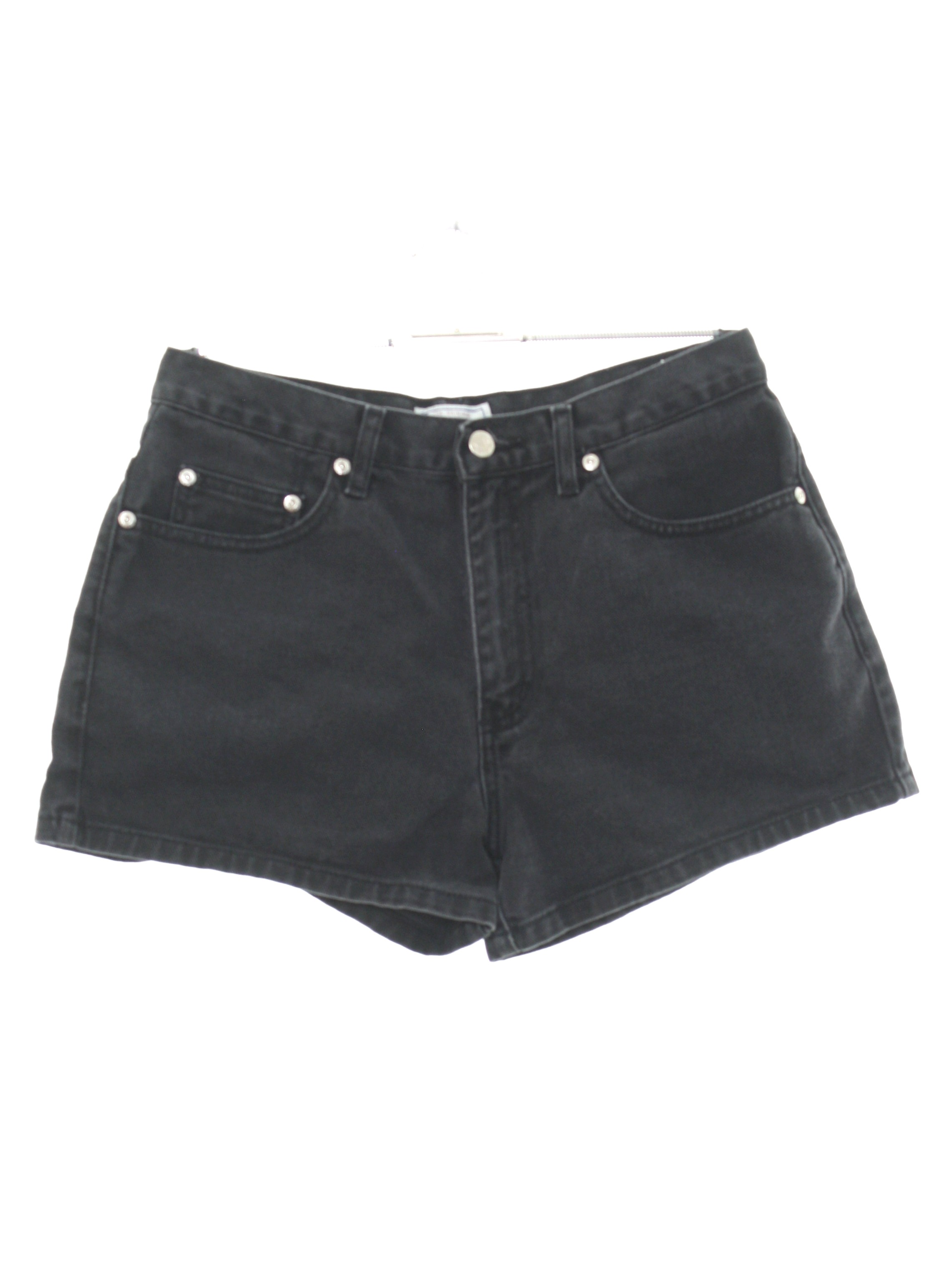 1990's Shorts (Arizona Jean Company): 90s -Arizona Jean Company- Womens  faded black background cotton high rise denim jorts. Classic 5 pocket style  and zip fly. Assembled in Mexico. Actual size tag reads