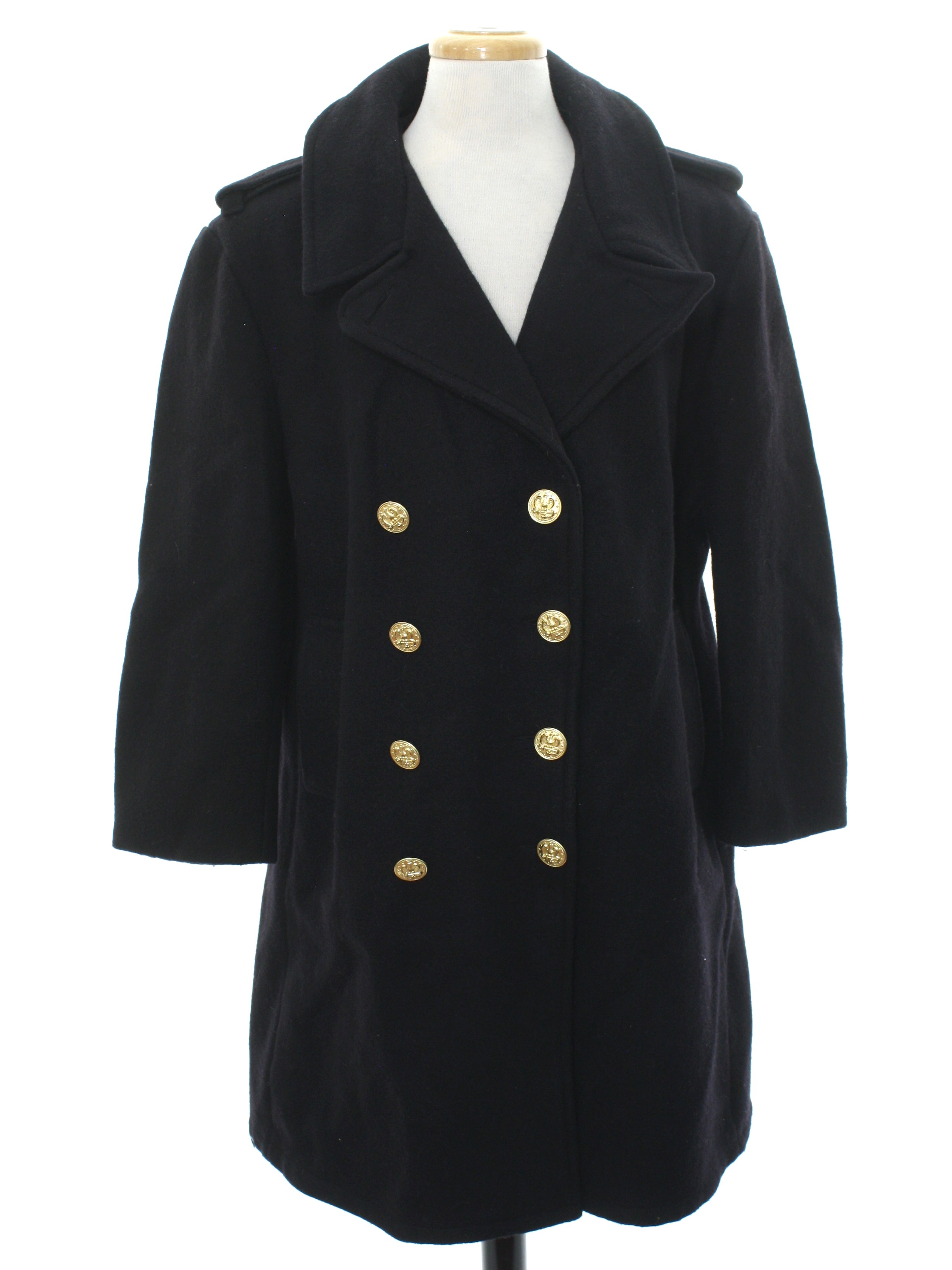 USN Bridge Coat 60 s Vintage Jacket 60s USN Bridge Coat Mens deep midnight blue background wool cuffless longsleeve double breasted button front navy issue wool pea coat jacket. Classic pea coat wit...